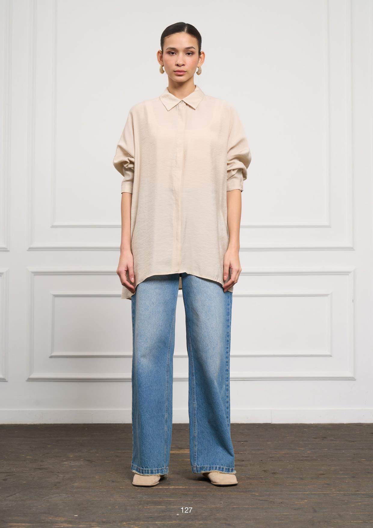 NUSS Nuss 3001 Oversize Basic Gömlek - Bej Nuss 3001 Oversize Basic Gömlek - Bilen Giyim Tunik 