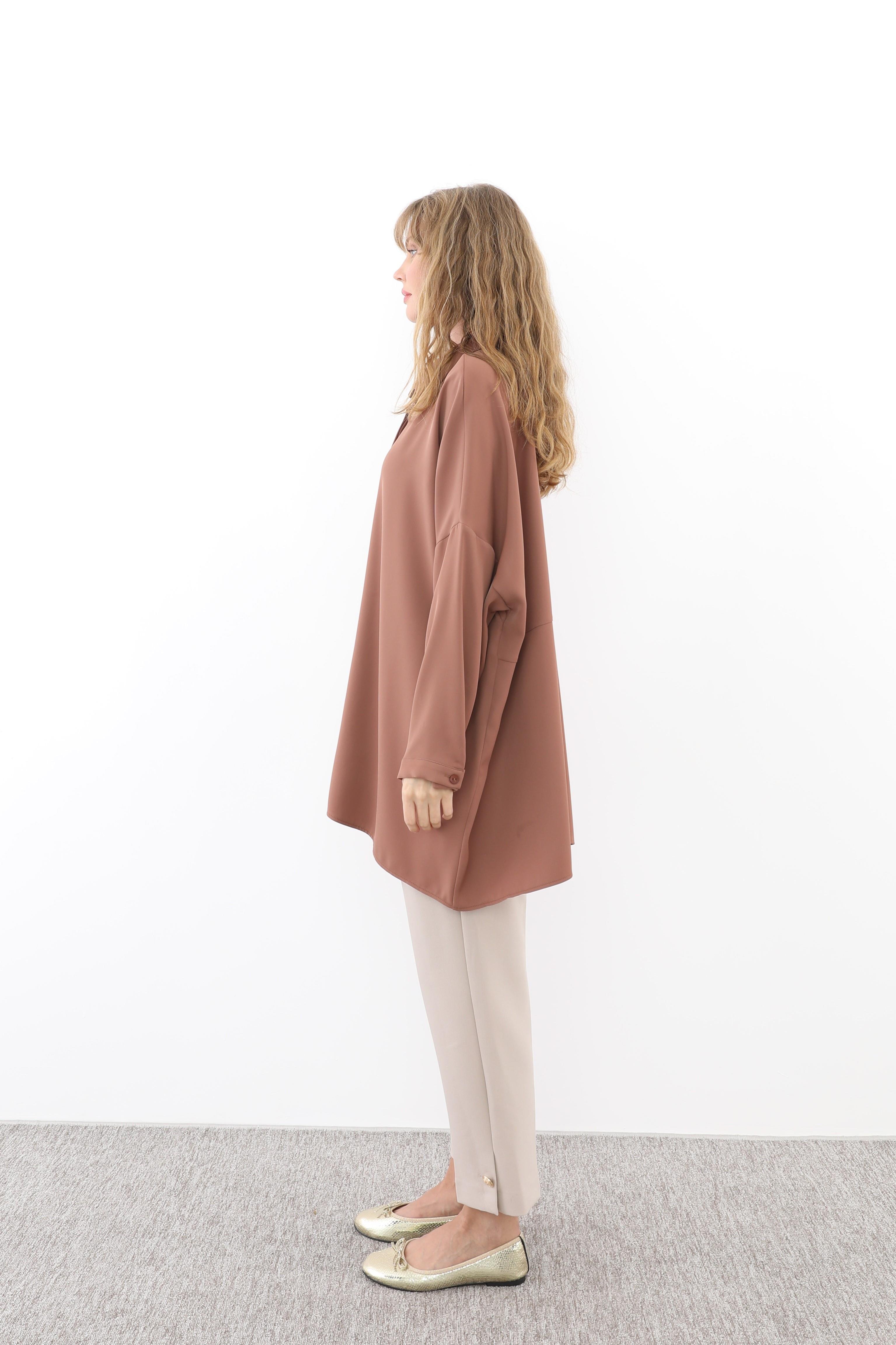 NUSS Nuss 3001 Oversize Düğmeli Gömlek Tunik - Kahve  Tunik 