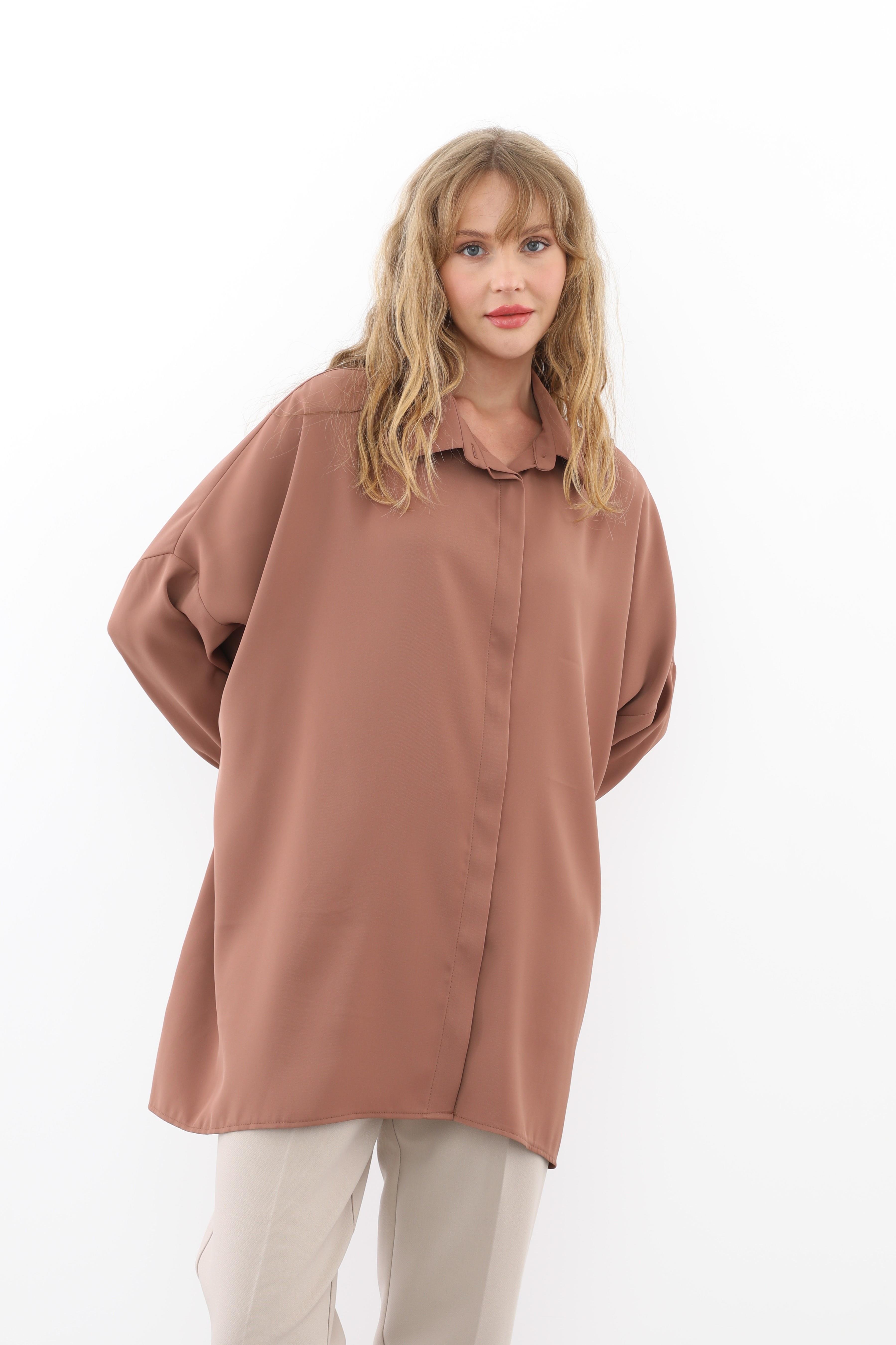 NUSS Nuss 3001 Oversize Düğmeli Gömlek Tunik - Kahve  Tunik 