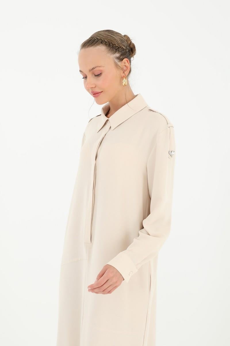 PUANE Omuz Apolet Taş İşlemeli Elbise 12501 - Bej  Elbise