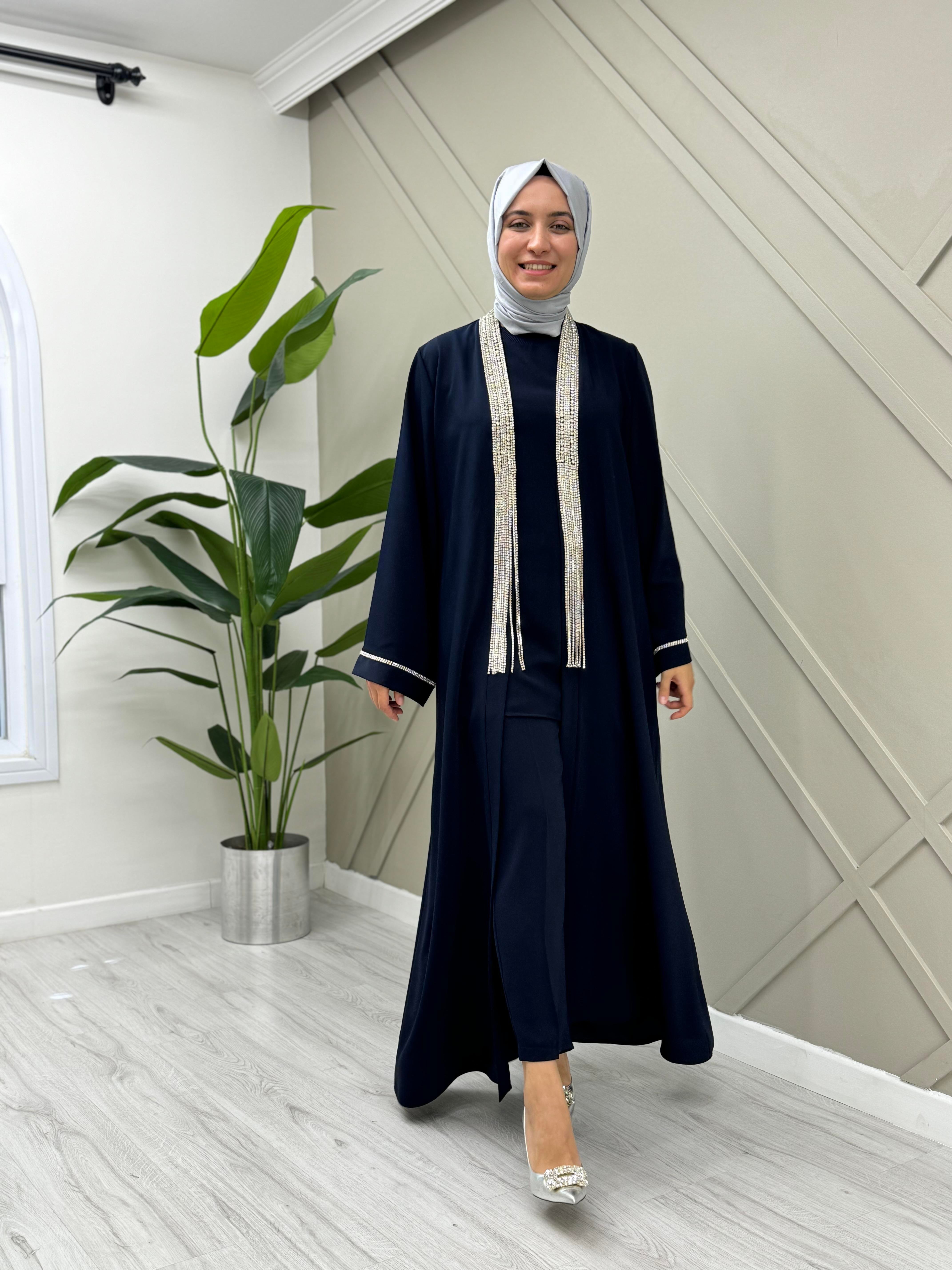ETRUCCİ Önleri Sarkık Taş İşlemeli Abaya 6166 - Lacivert Önleri Sarkık Taş İşlemeli Abaya 6166 - Lacivert - Bilen Giyim  Abiye Grubu 