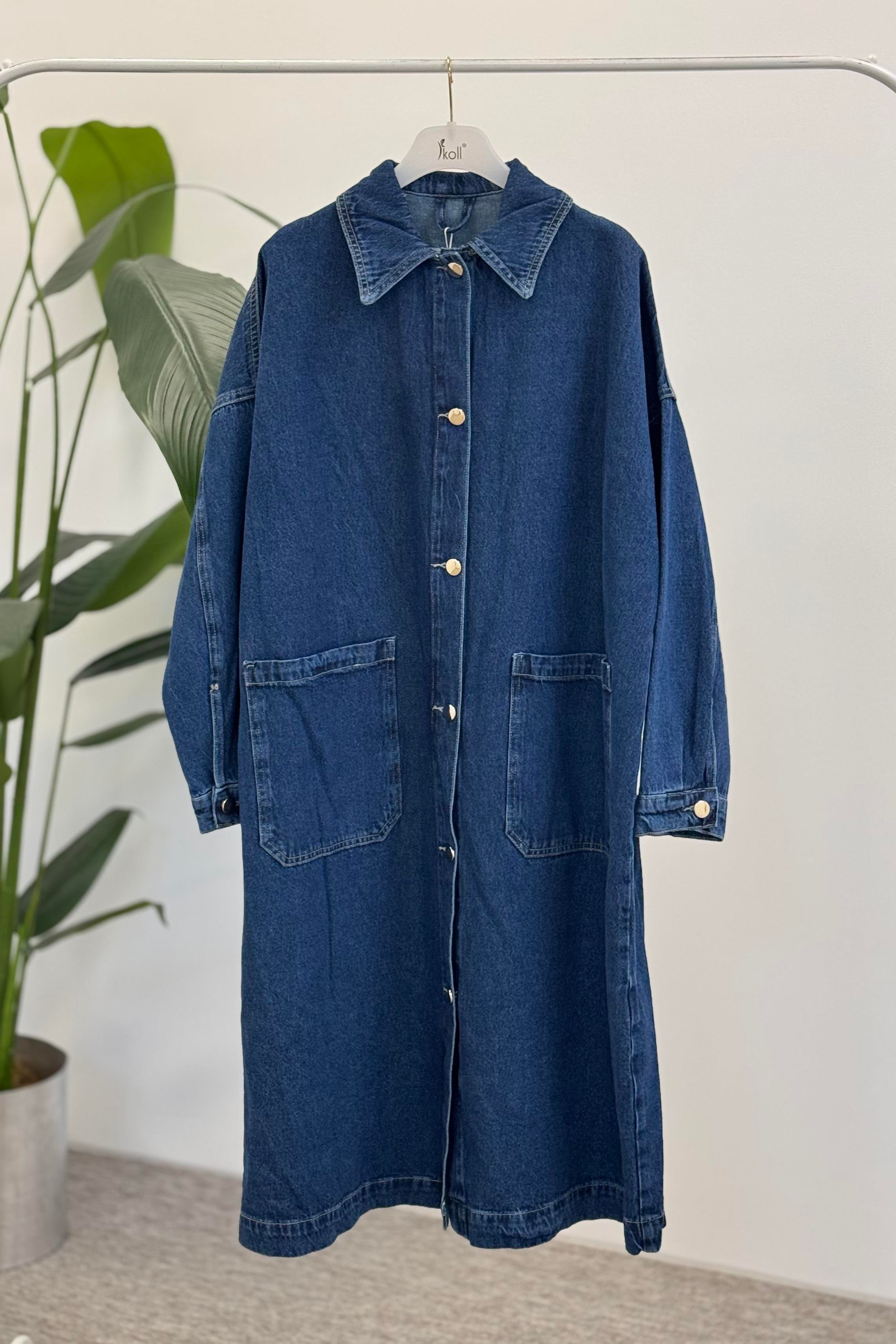 İKOLL Oversize Uzun Denim Kap 31624 - Koyu Mavi Oversize Uzun Denim Kap 31624 - Koyu Mavi- Bilen Giyim Kap 