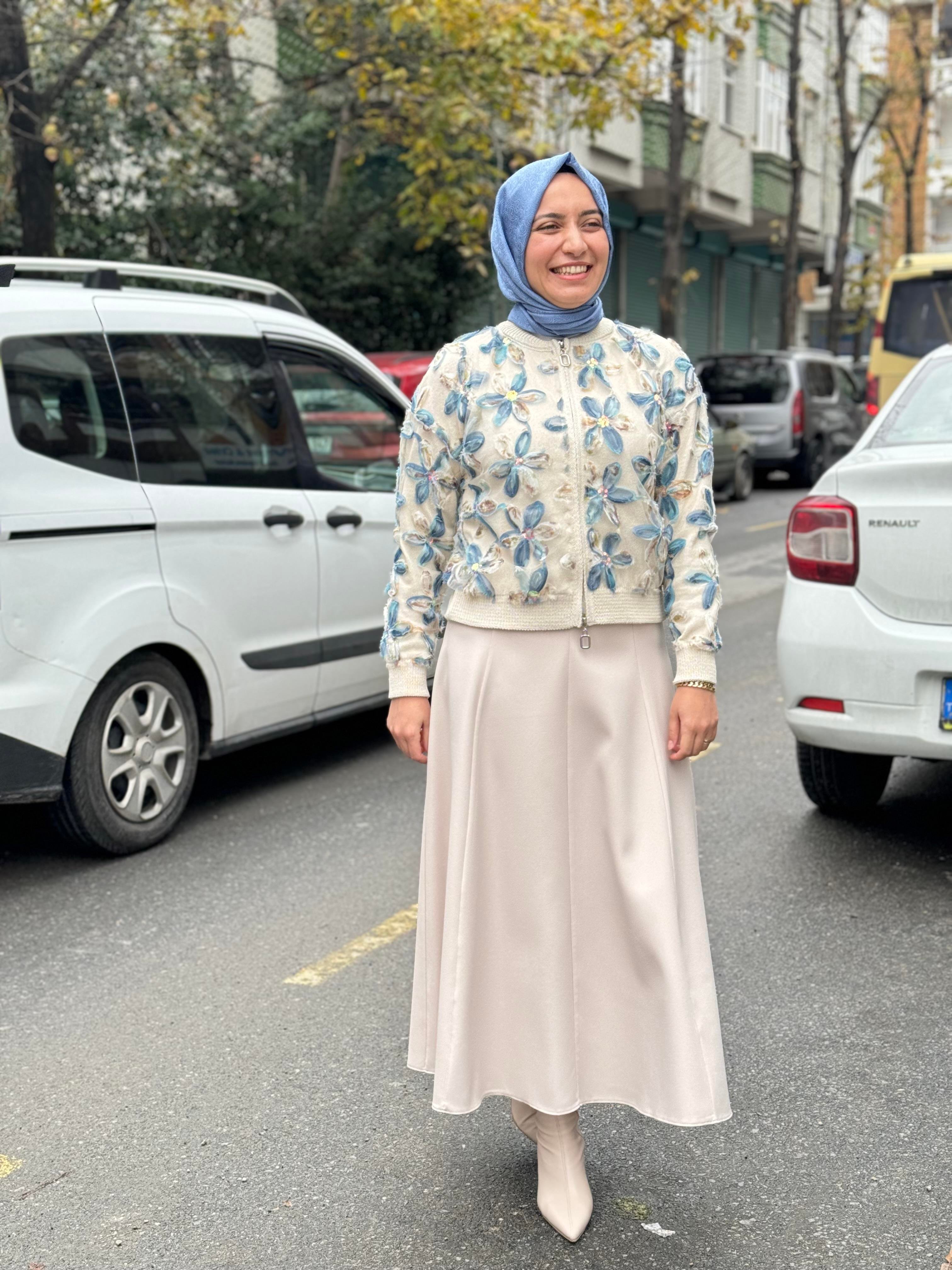 NEFİSE Pamuk Papatyalı Fermuarlı Hırka 7647 - Mavi Pamuk Papatyalı Fermuarlı Hırka 7647 - Mavi - Bilen Giyim Hırka 