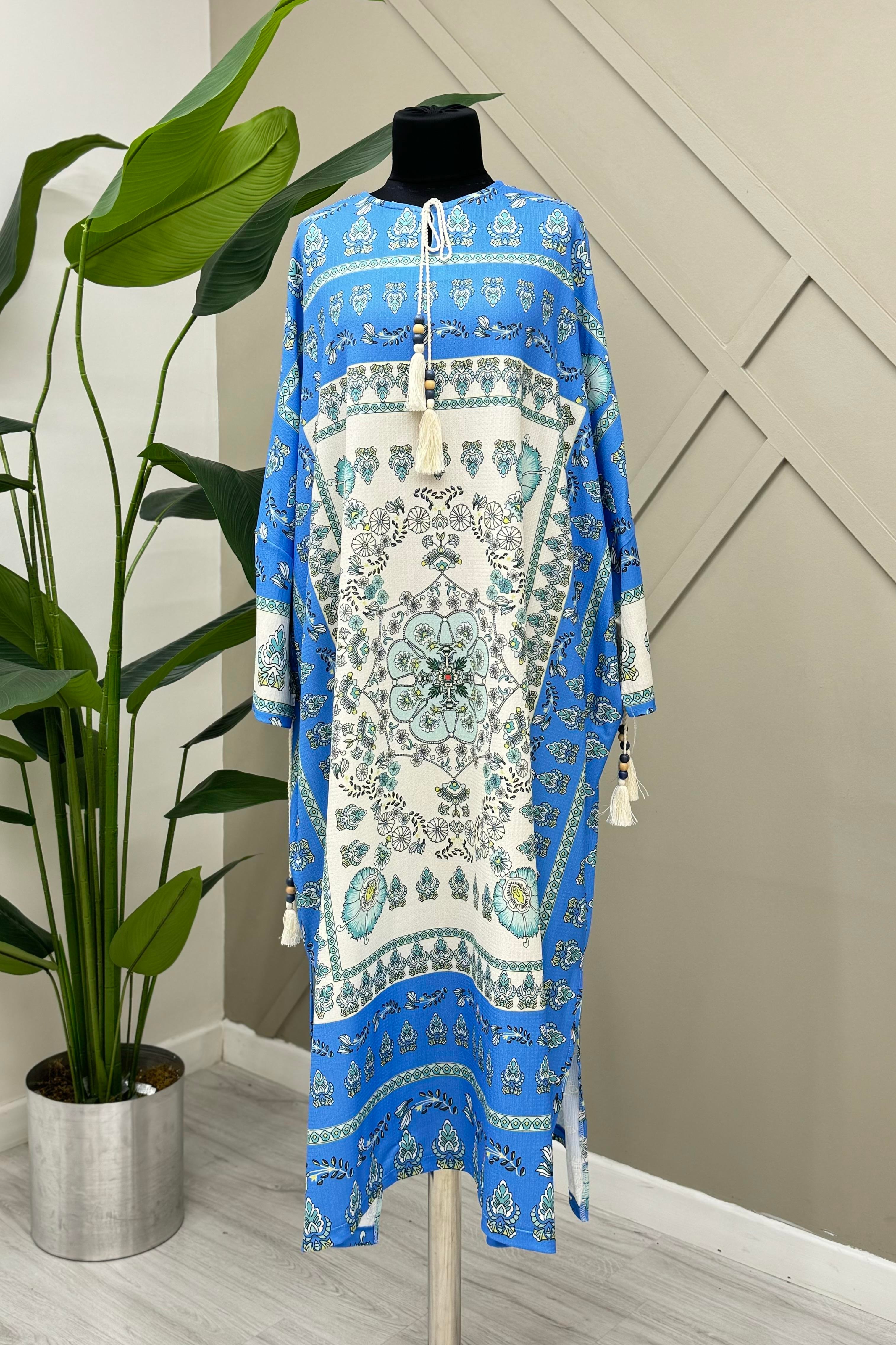 İKOLL Pano Baskılı Panço 0029651 - Mavi  Hırka 