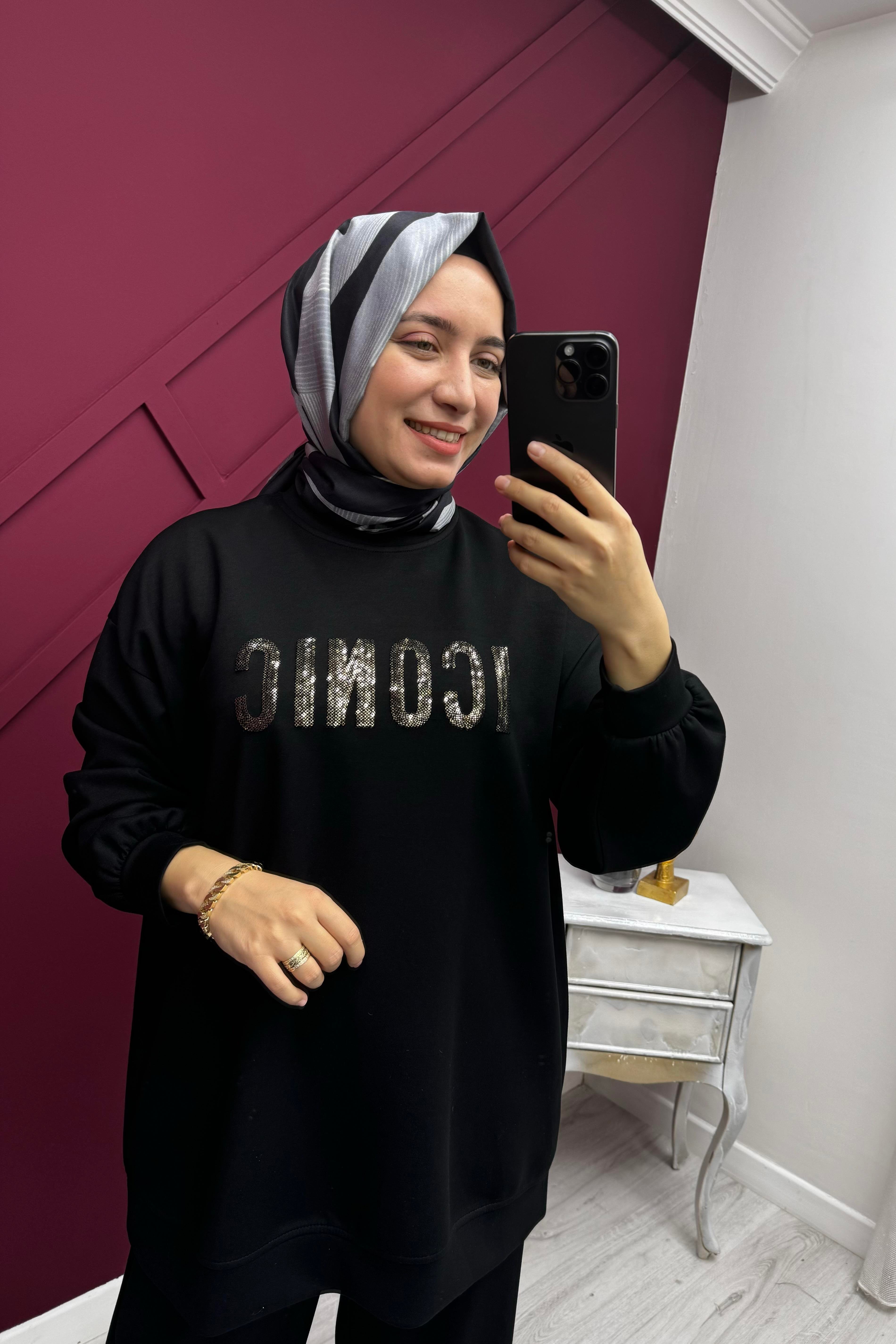 İKOLL Payet İconic Yazılı Basic Pantolonlu Takım 33281 - Siyah Payet İconic Yazılı Basic Pantolonlu Takım 33281 - Siyah - Bilen Giyim Takım 