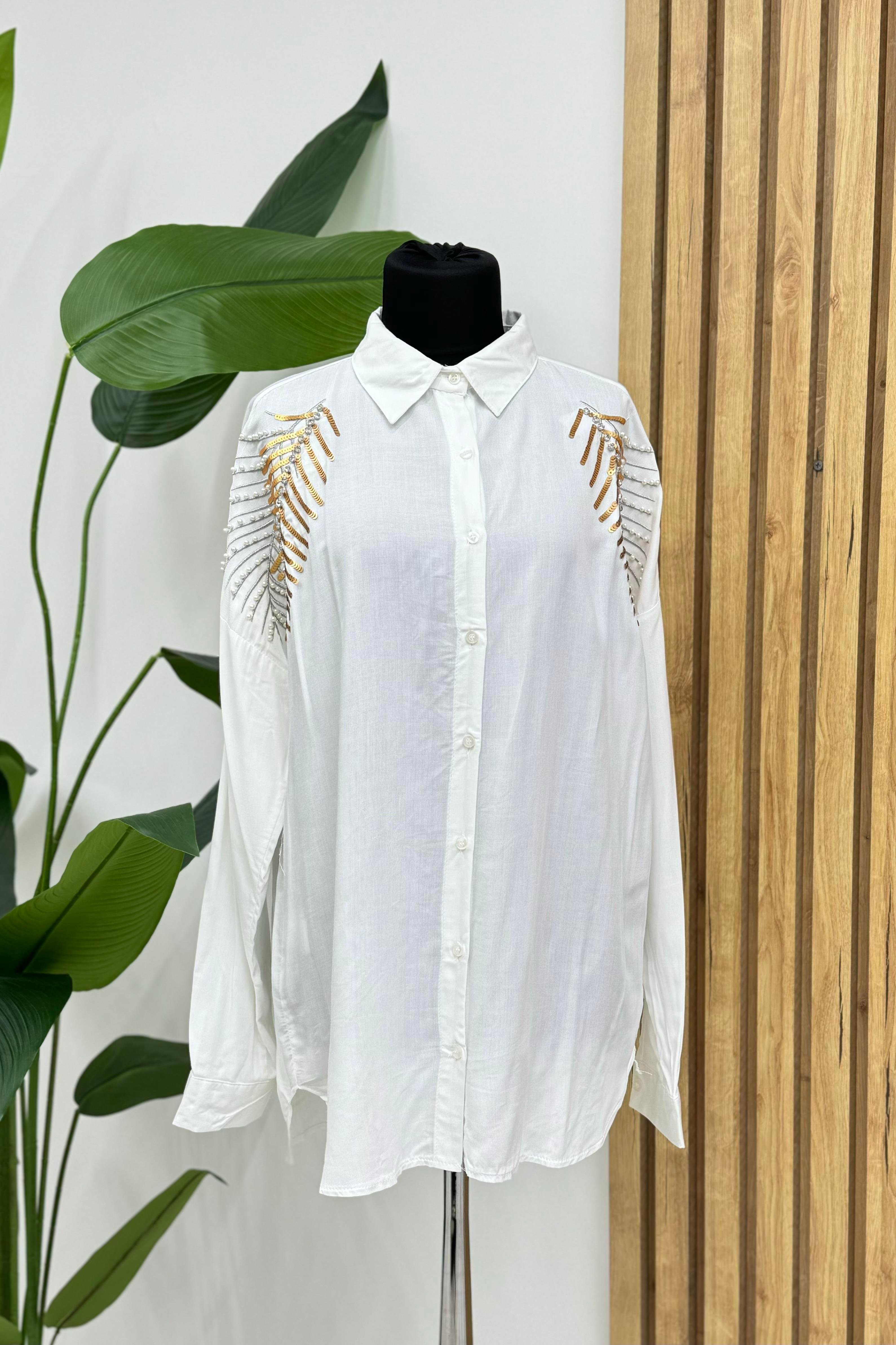 Tarz Collection Payet Yaprakları Boncuk İşlemeli Gömlek 2457 - Ekru  Bluz & Gömlek