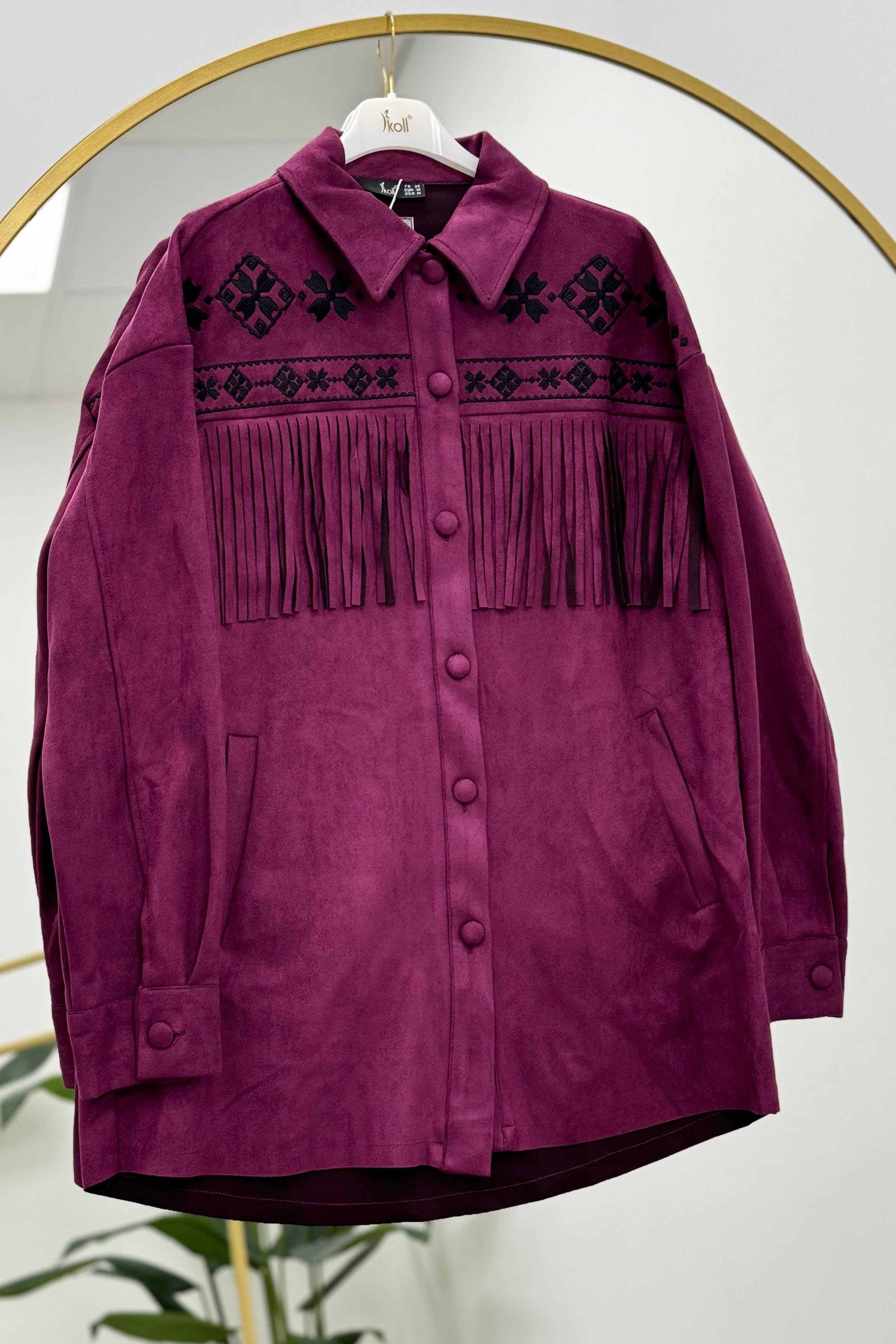 İKOLL Roba Nakışlı Püskül Detaylı Shacket 0028343 - Pancar  Ceket 