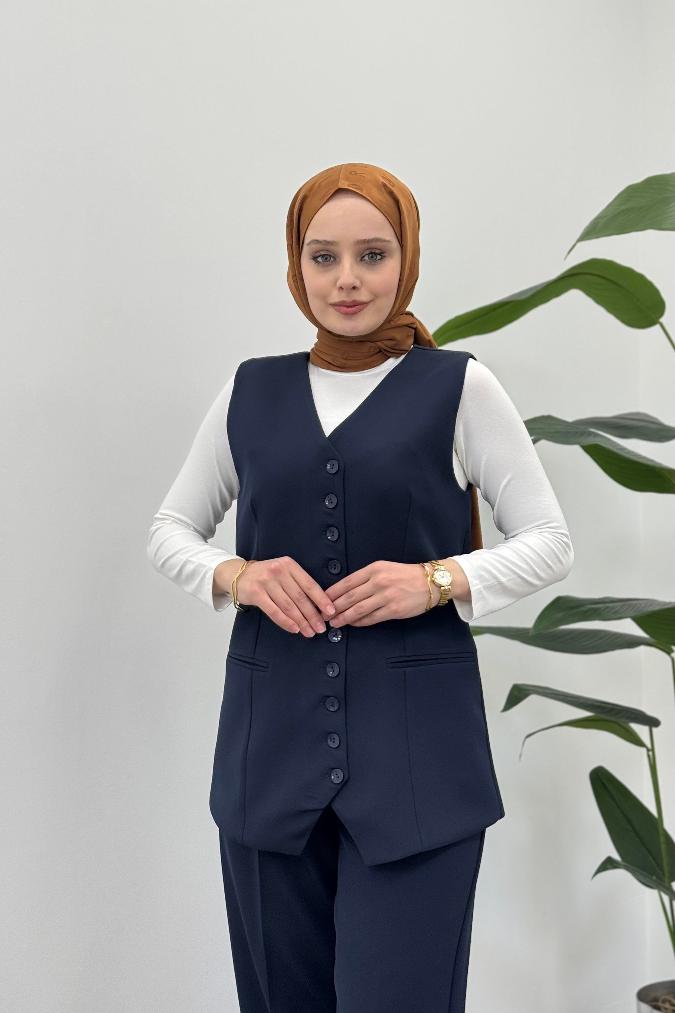Miss Esse Sahte Cep Detay Düğmeli Yelek 6003 - Lacivert  Yelek 
