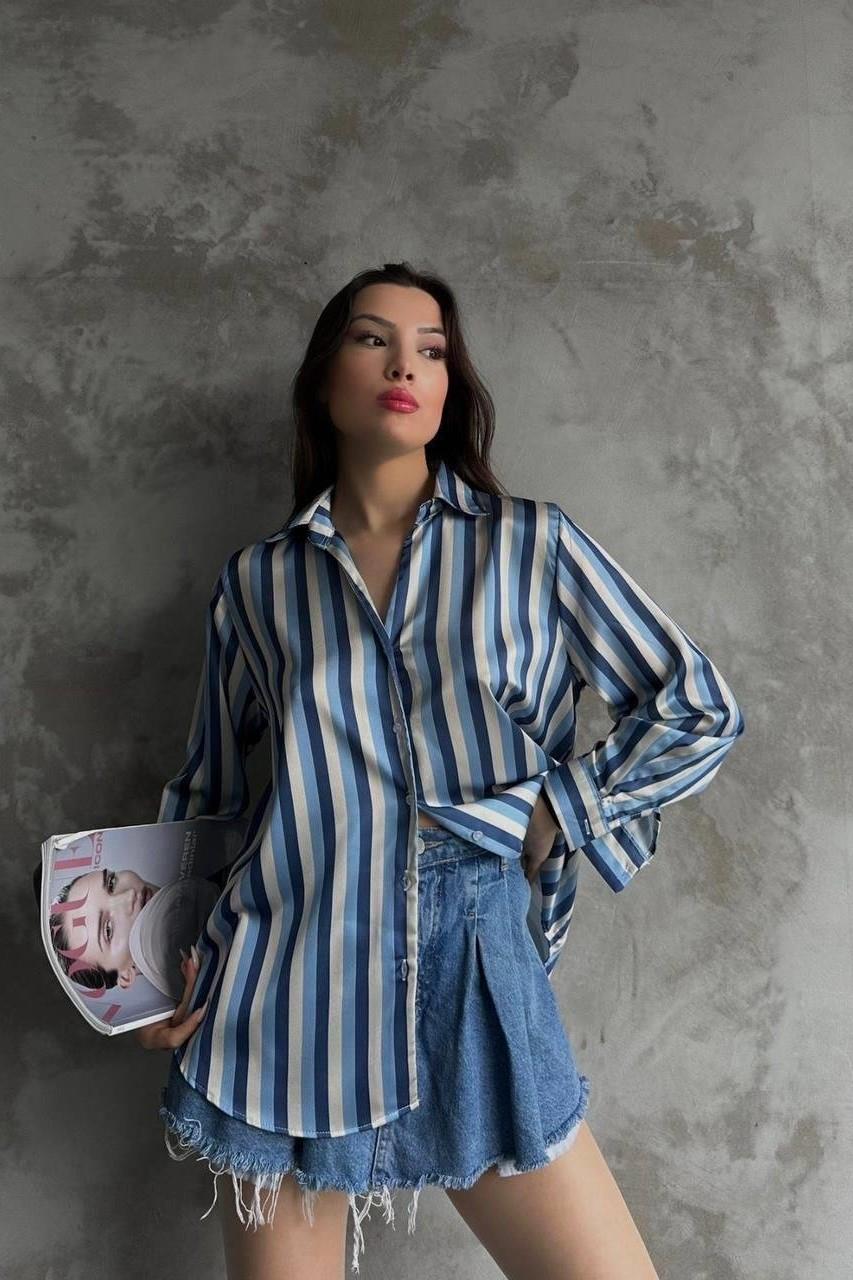 Moda Ado Saten Çizgili Gömlek 130 - Mavi  Bluz & Gömlek