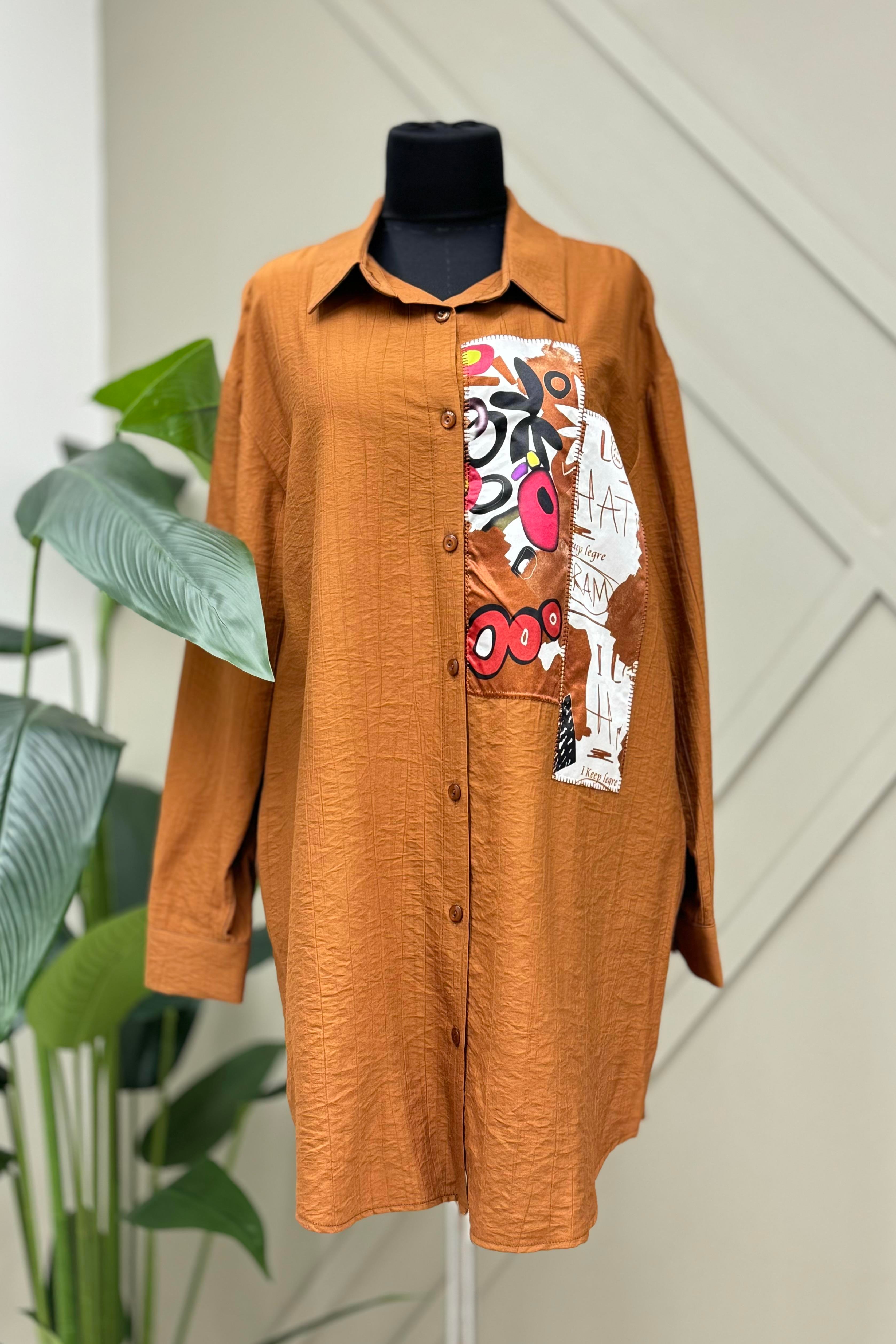 PUANE Saten Kumaş Detaylı Gömlek Tunik 10503 - Camel  Tunik 