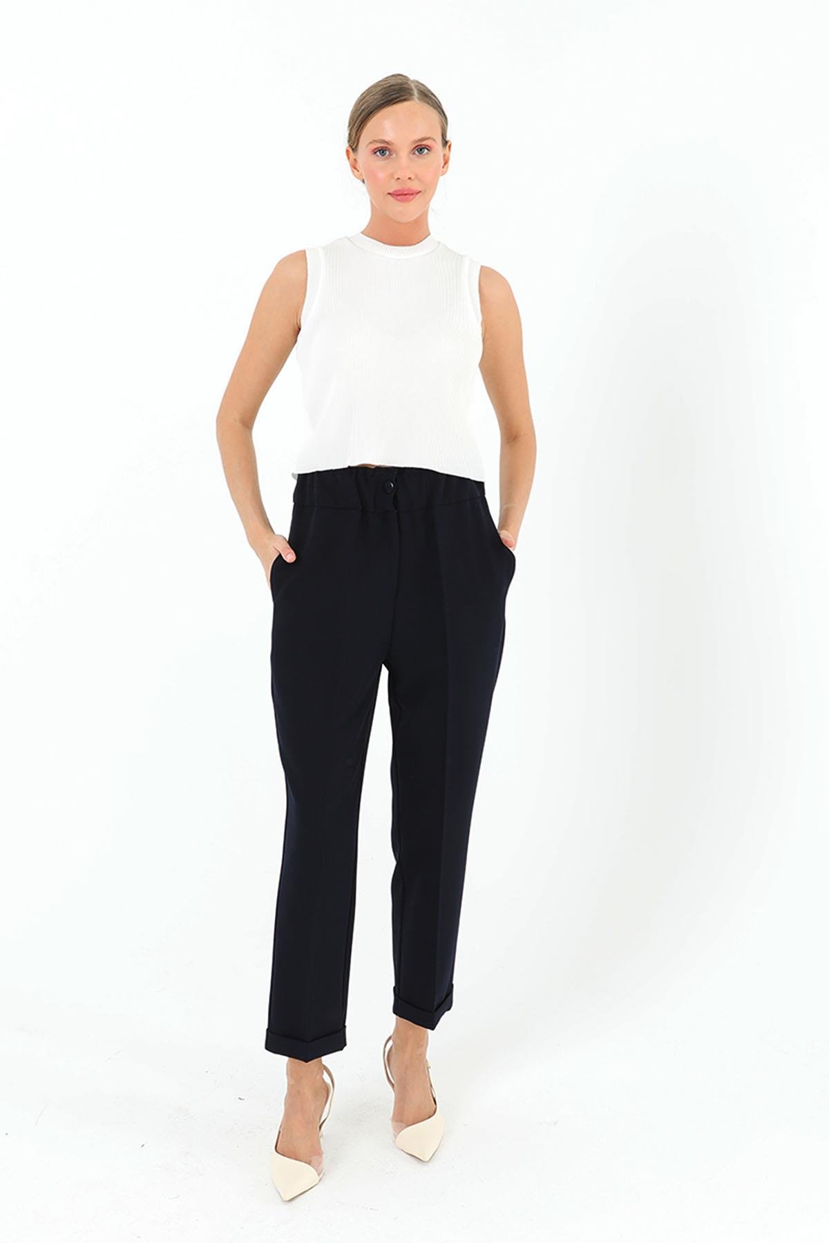 Sentez Sentez 5514 Beli Lastikli İnce Duble Paça Pantolon - Lacivert Sentez 5514 Beli Lastikli İnce Duble Paça Pantolon - Lacivert - Bilen Giyim Pantolon 