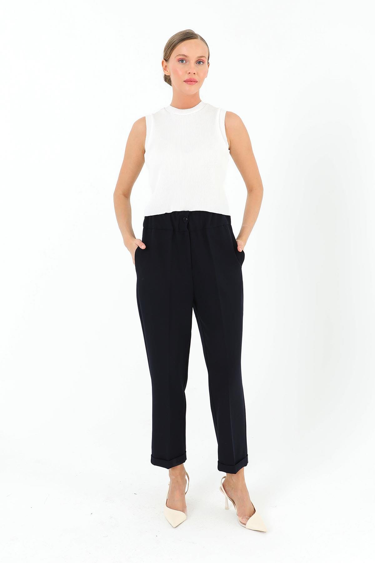 Sentez Sentez 5514 Beli Lastikli İnce Duble Paça Pantolon - Lacivert Sentez 5514 Beli Lastikli İnce Duble Paça Pantolon - Lacivert - Bilen Giyim Pantolon 