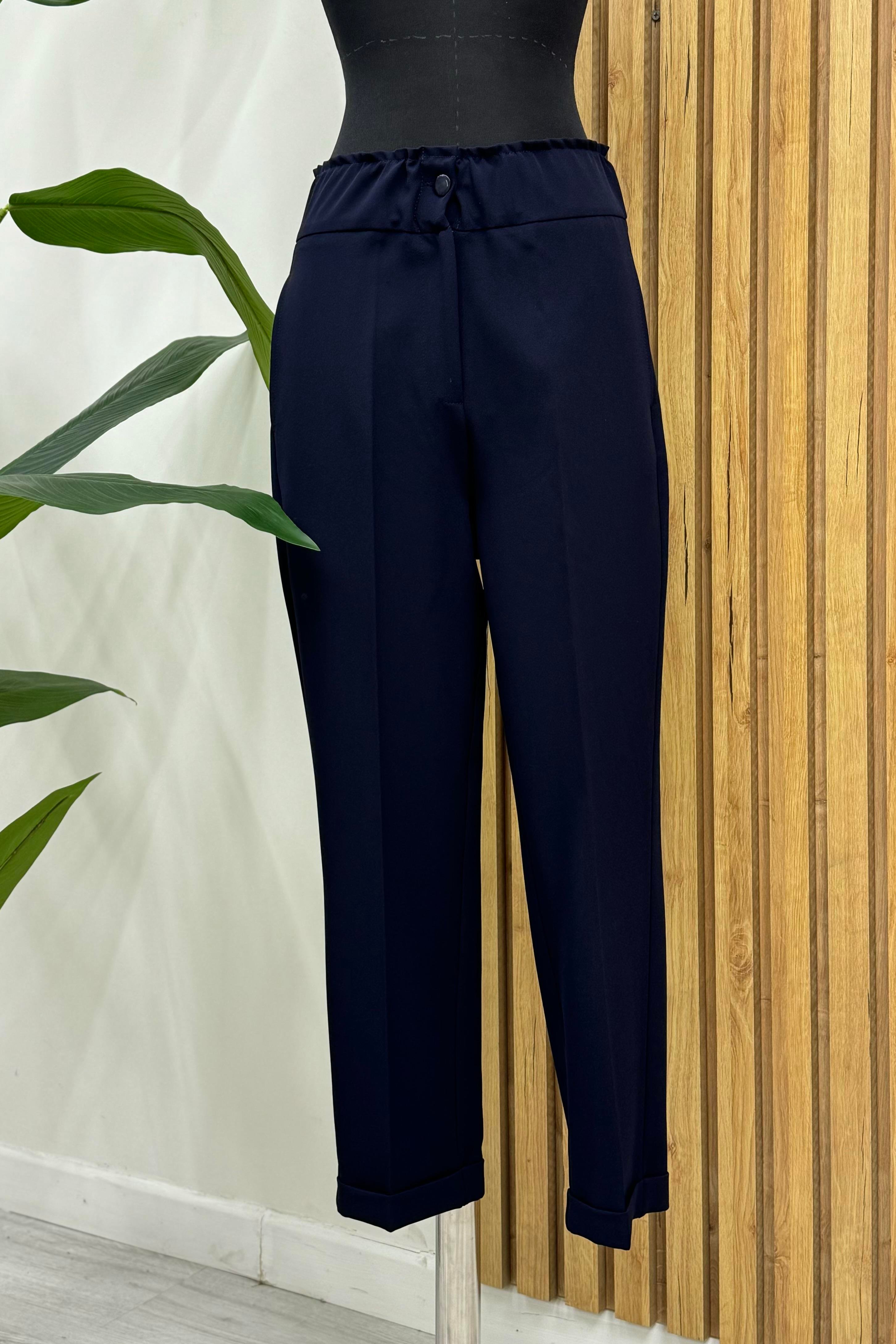 Sentez Sentez 5514 Beli Lastikli İnce Duble Paça Pantolon - Lacivert  Pantolon