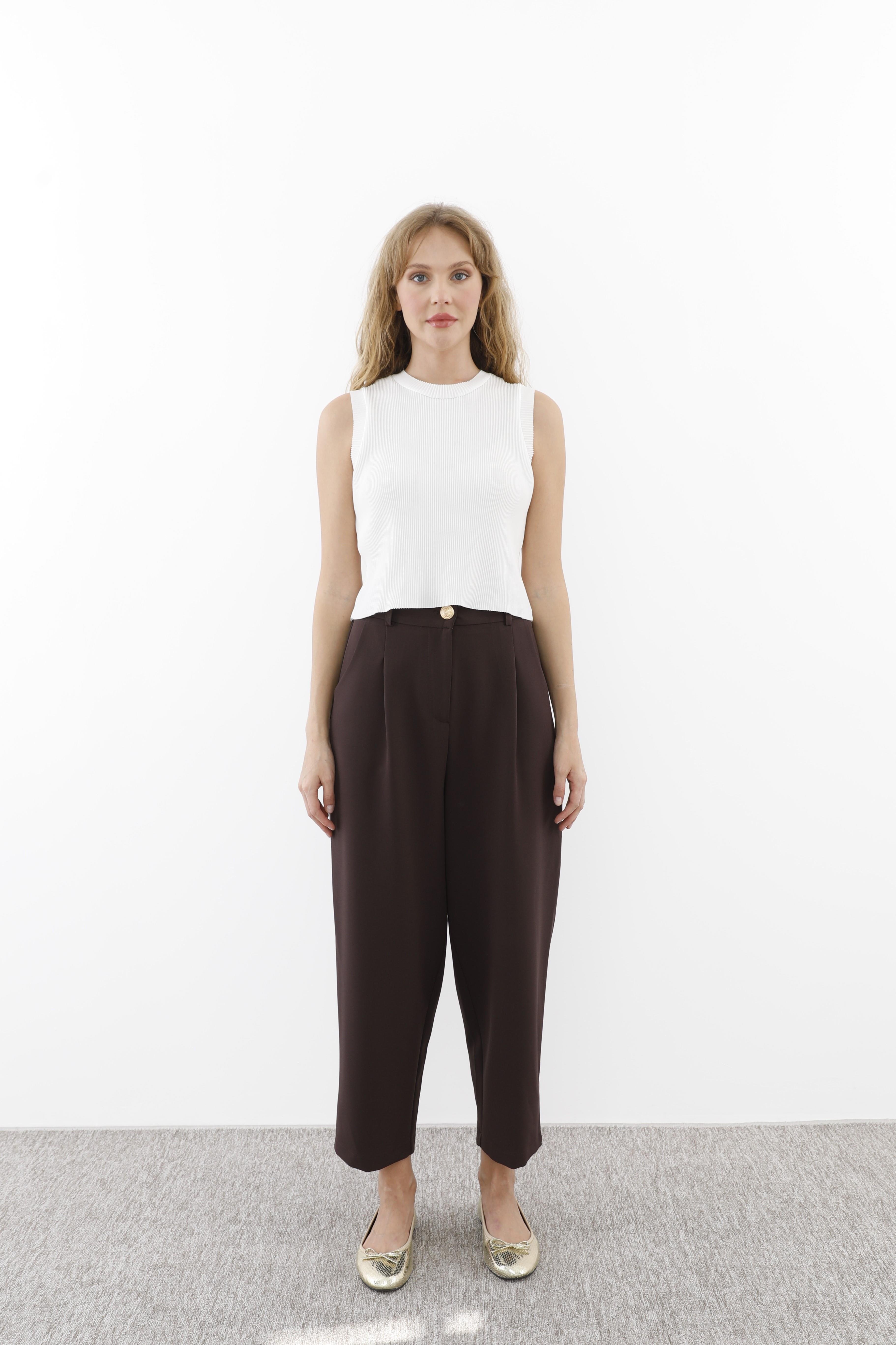 Sentez Sentez 5567 Arkası Lastikli Pileli Pantolon - Kahve  Pantolon 