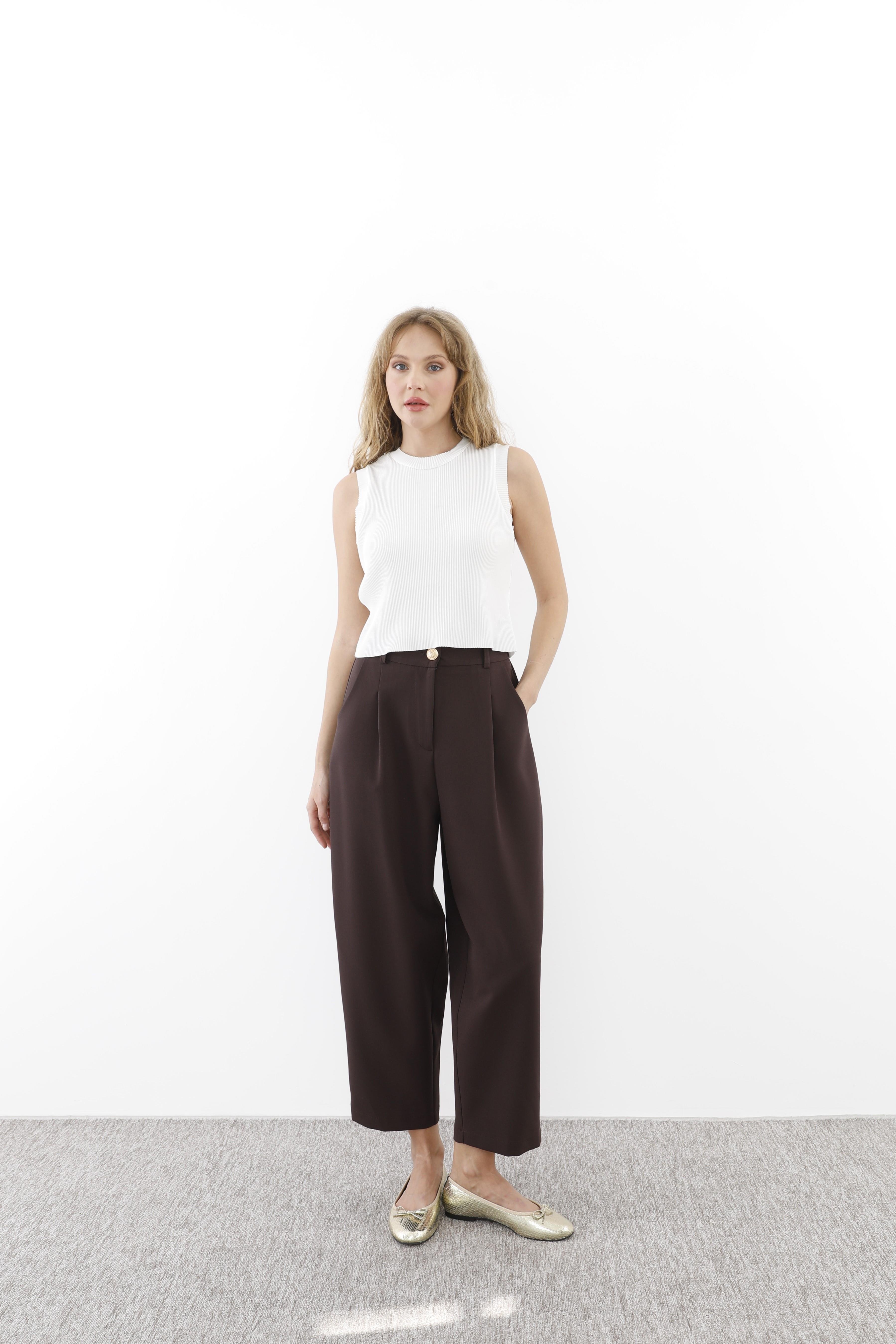 Sentez Sentez 5567 Arkası Lastikli Pileli Pantolon - Kahve  Pantolon 