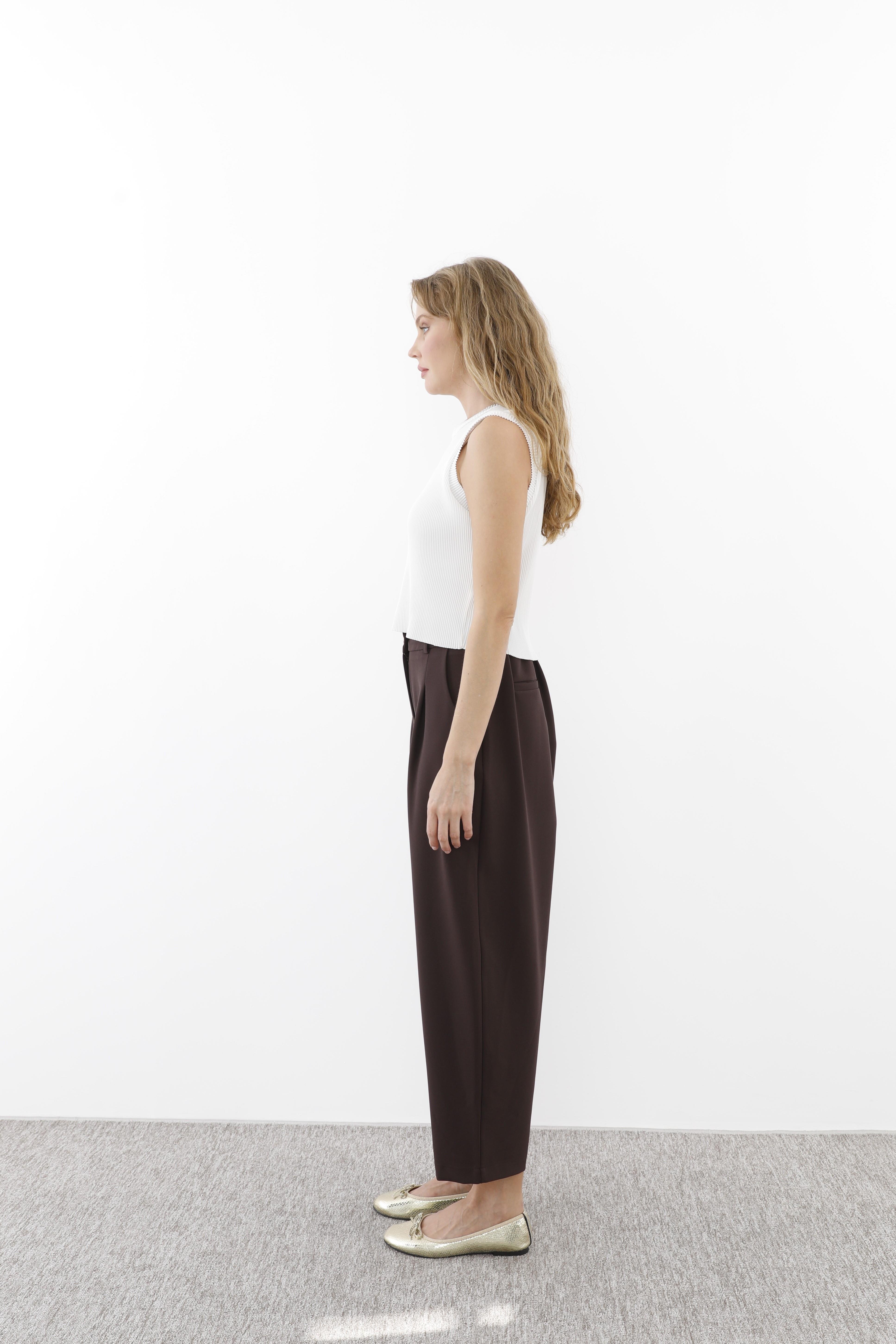 Sentez Sentez 5567 Arkası Lastikli Pileli Pantolon - Kahve  Pantolon 