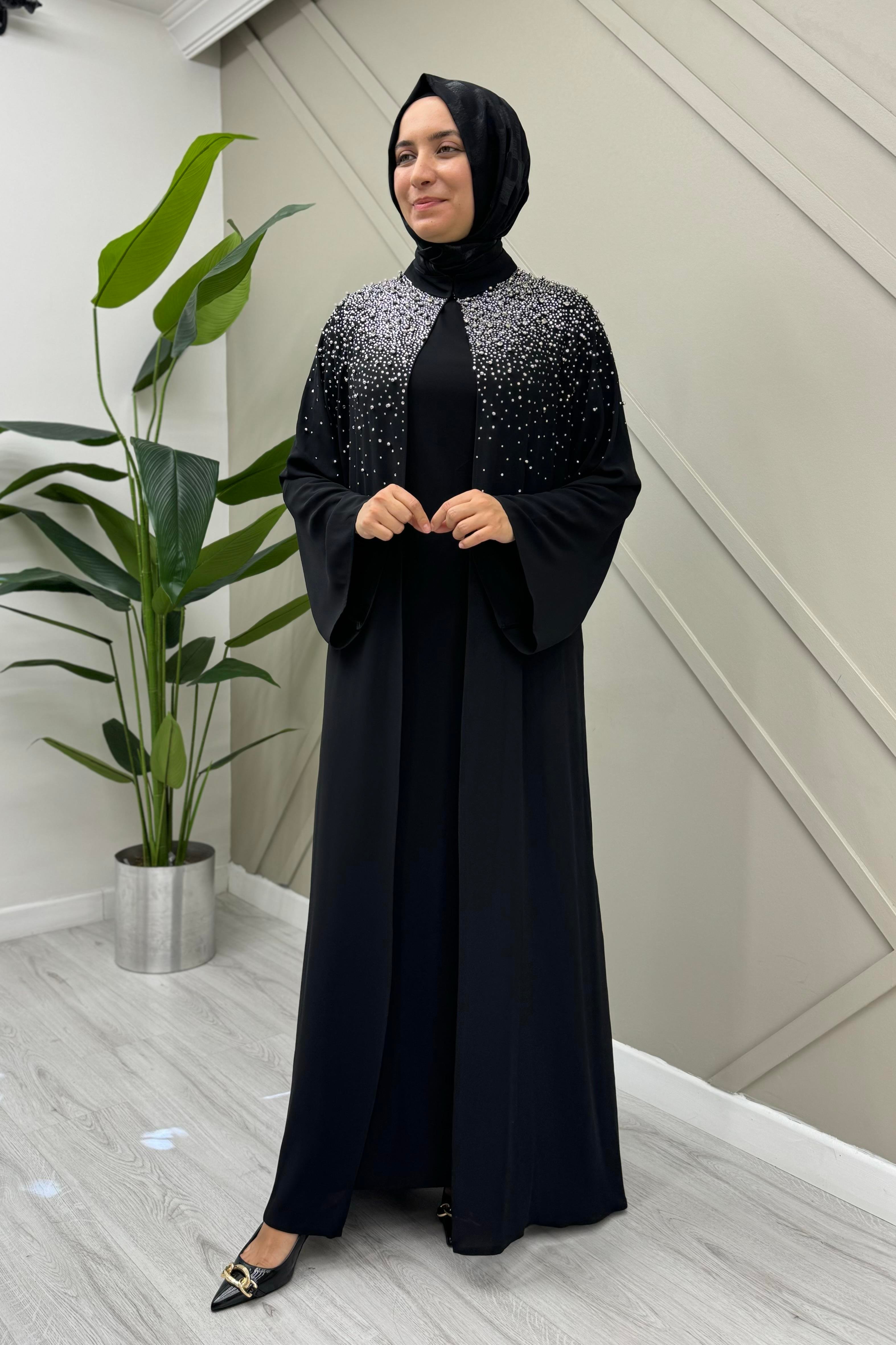 ETRUCCİ Serpme Taş İşlemeli Abaya 6181 - Siyah Serpme Taş İşlemeli Abaya 6181 - Siyah - Bilen Giyim Abiye Grubu 