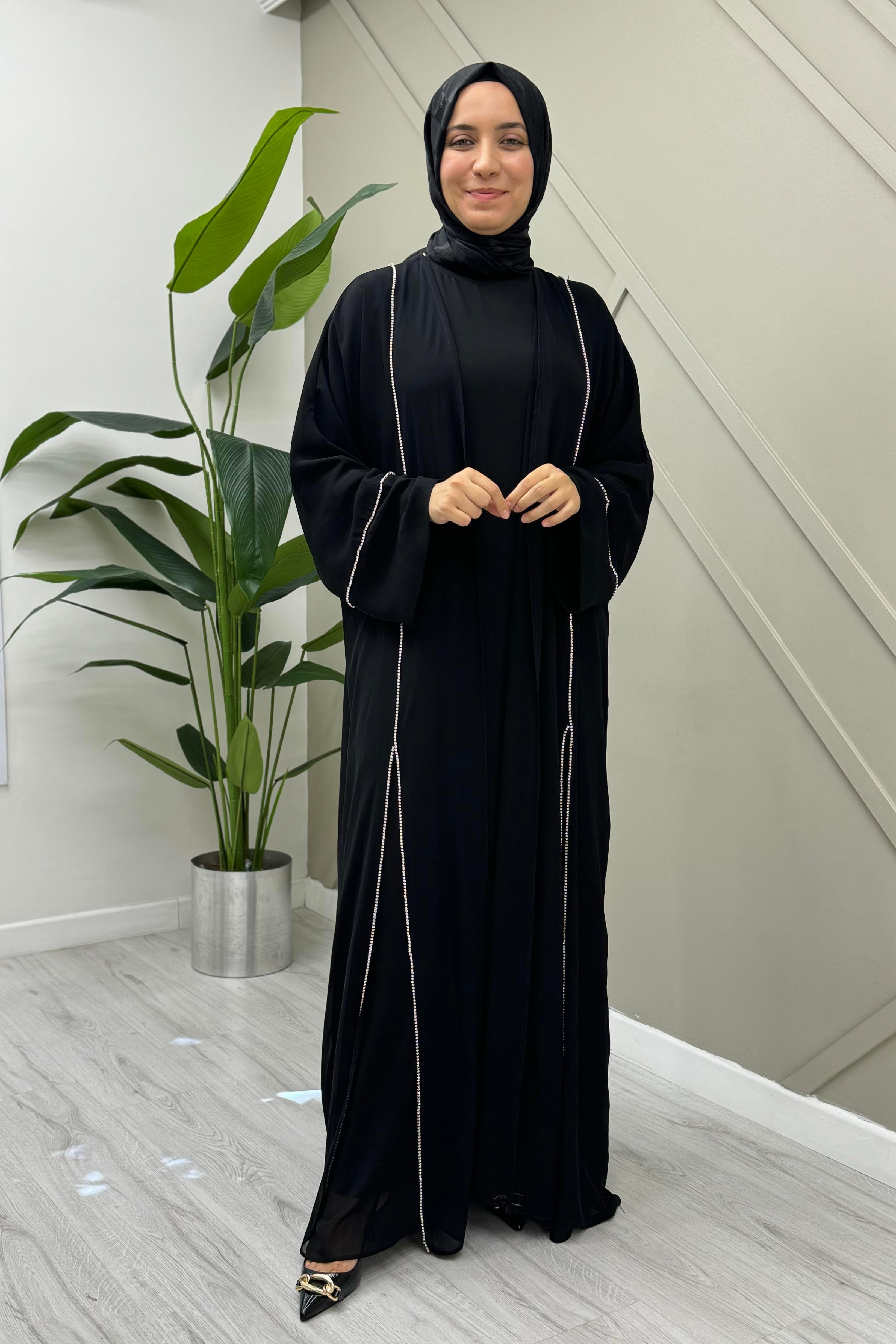 ETRUCCİ Şifon Çift Kat Taş Detaylı Abaya 6139 - Siyah Şifon Çift Kat Taş Detaylı Abaya 6139 - Siyah - Bilen Giyim  Abiye Grubu 
