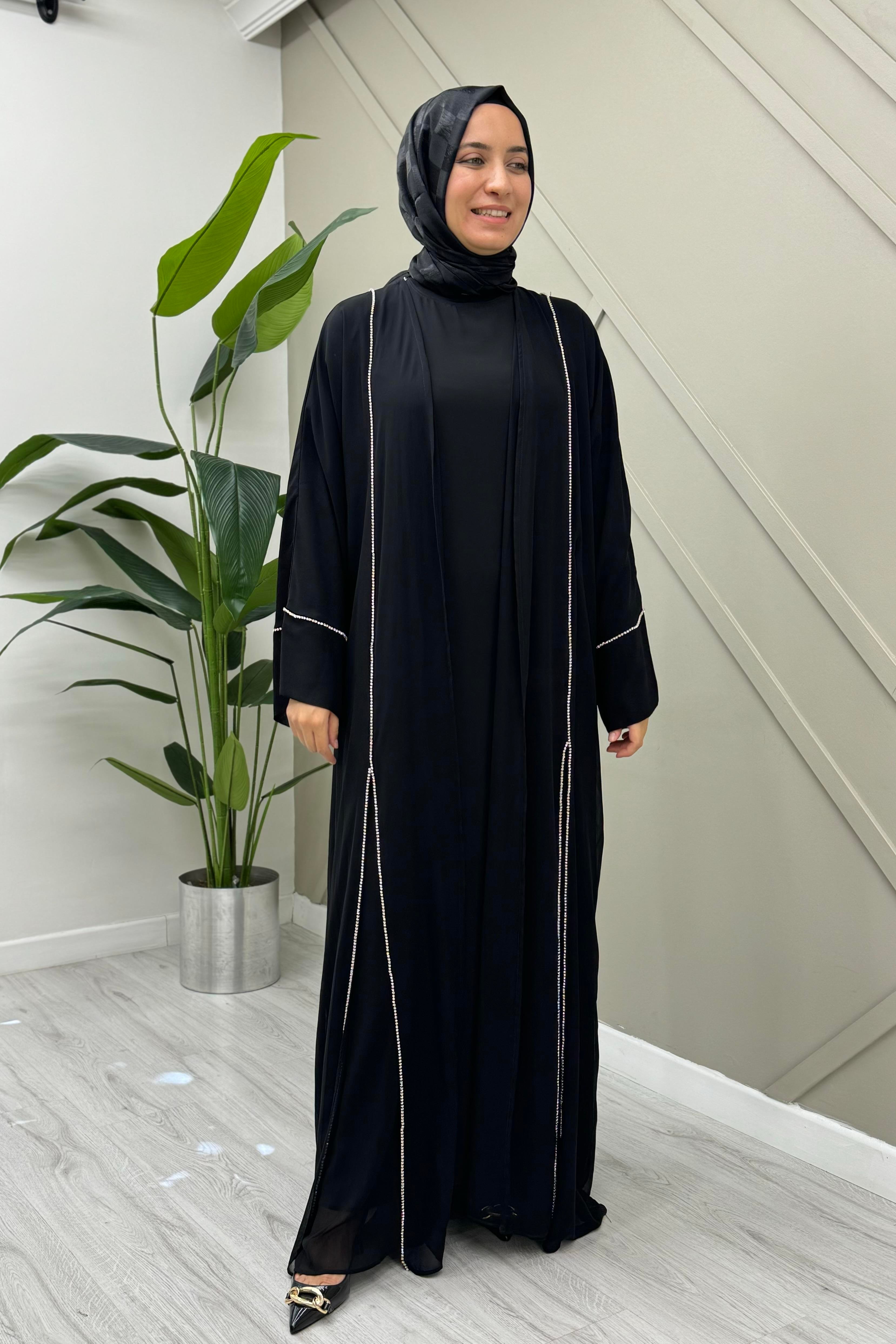 ETRUCCİ Şifon Çift Kat Taş Detaylı Abaya 6139 - Siyah Şifon Çift Kat Taş Detaylı Abaya 6139 - Siyah - Bilen Giyim  Abiye Grubu 