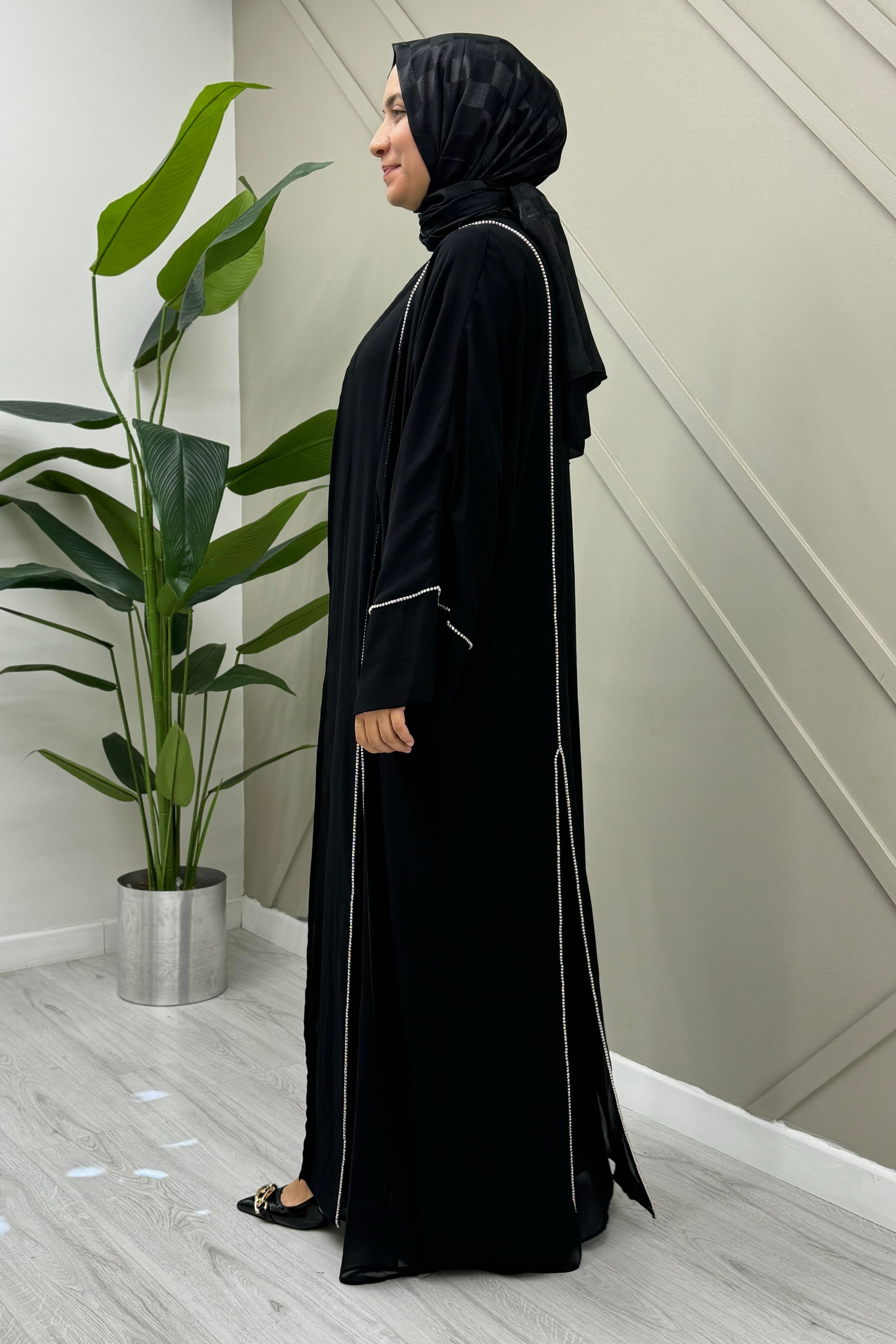 ETRUCCİ Şifon Çift Kat Taş Detaylı Abaya 6139 - Siyah Şifon Çift Kat Taş Detaylı Abaya 6139 - Siyah - Bilen Giyim  Abiye Grubu 
