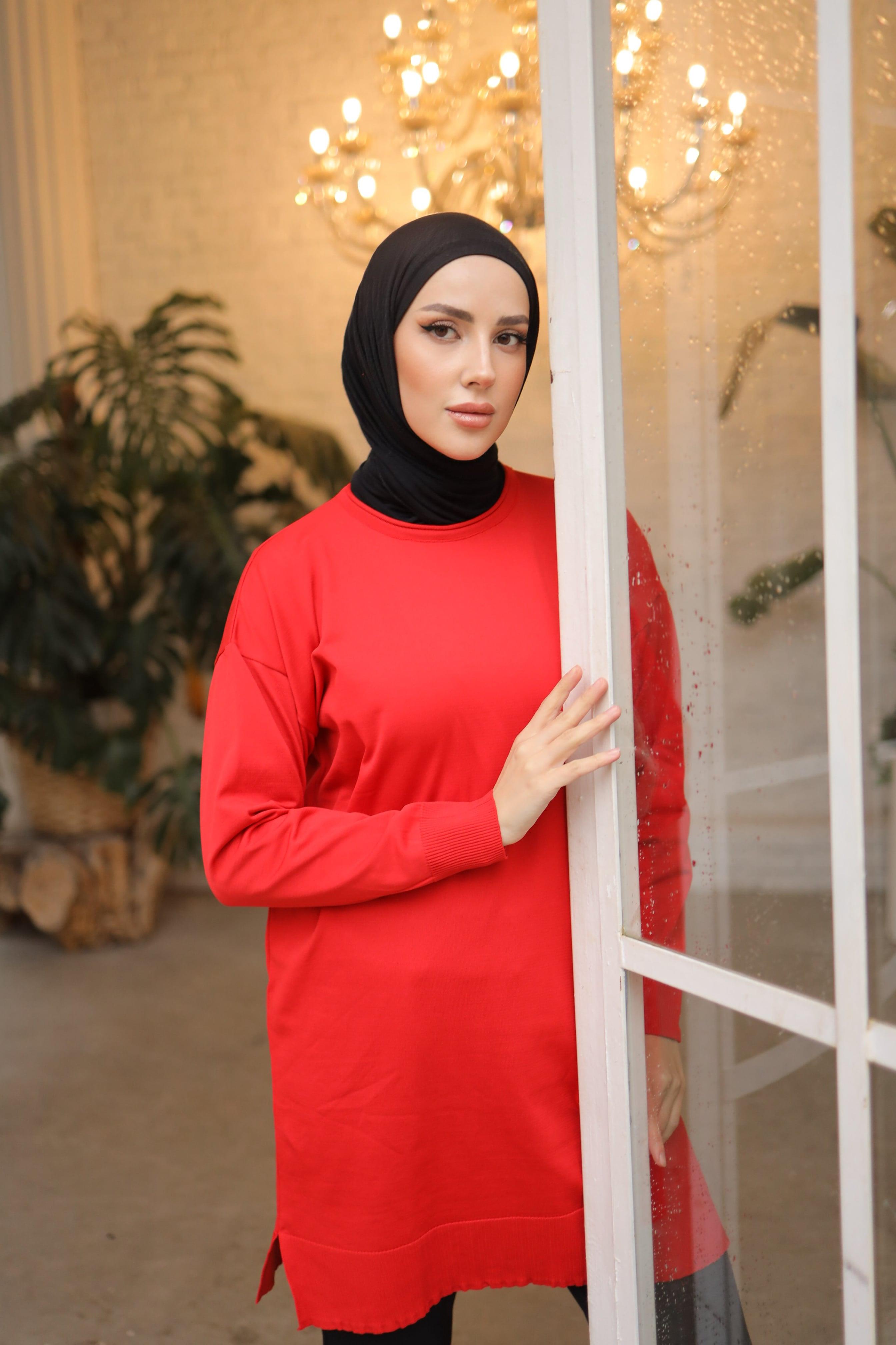 NEFİSE Soğuk Bisiklet Yaka Tunik 14831 - Kırmızı  Tunik 