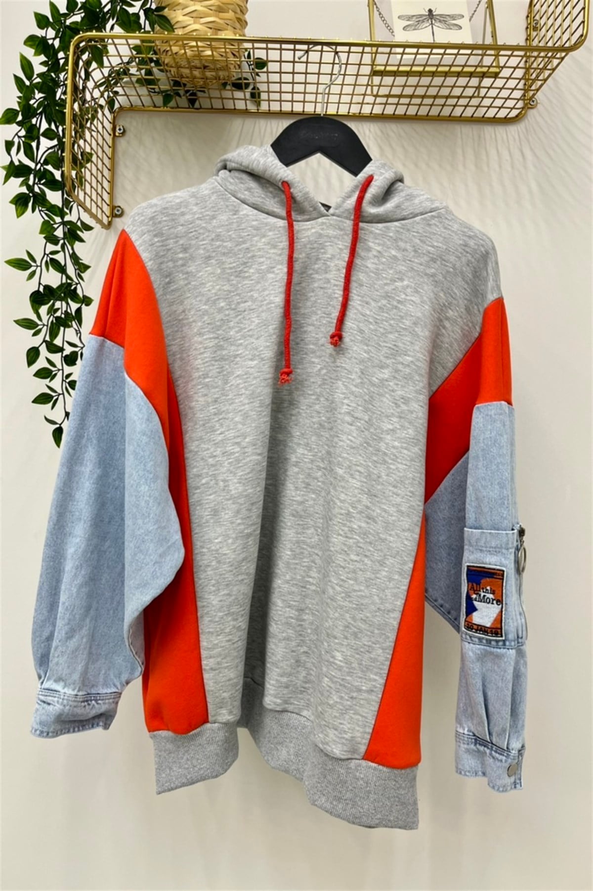 SOUL Kolları Kot Garnili Kapişonlu Sweat Tunik 30985 - Gri  Tunik