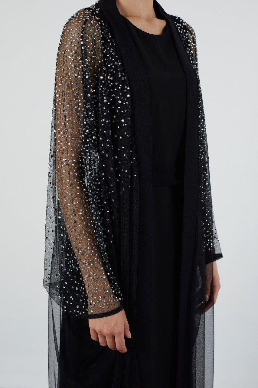 JUPE STORE Taşlı Tül Abaya 9009 - Siyah  Abiye Grubu