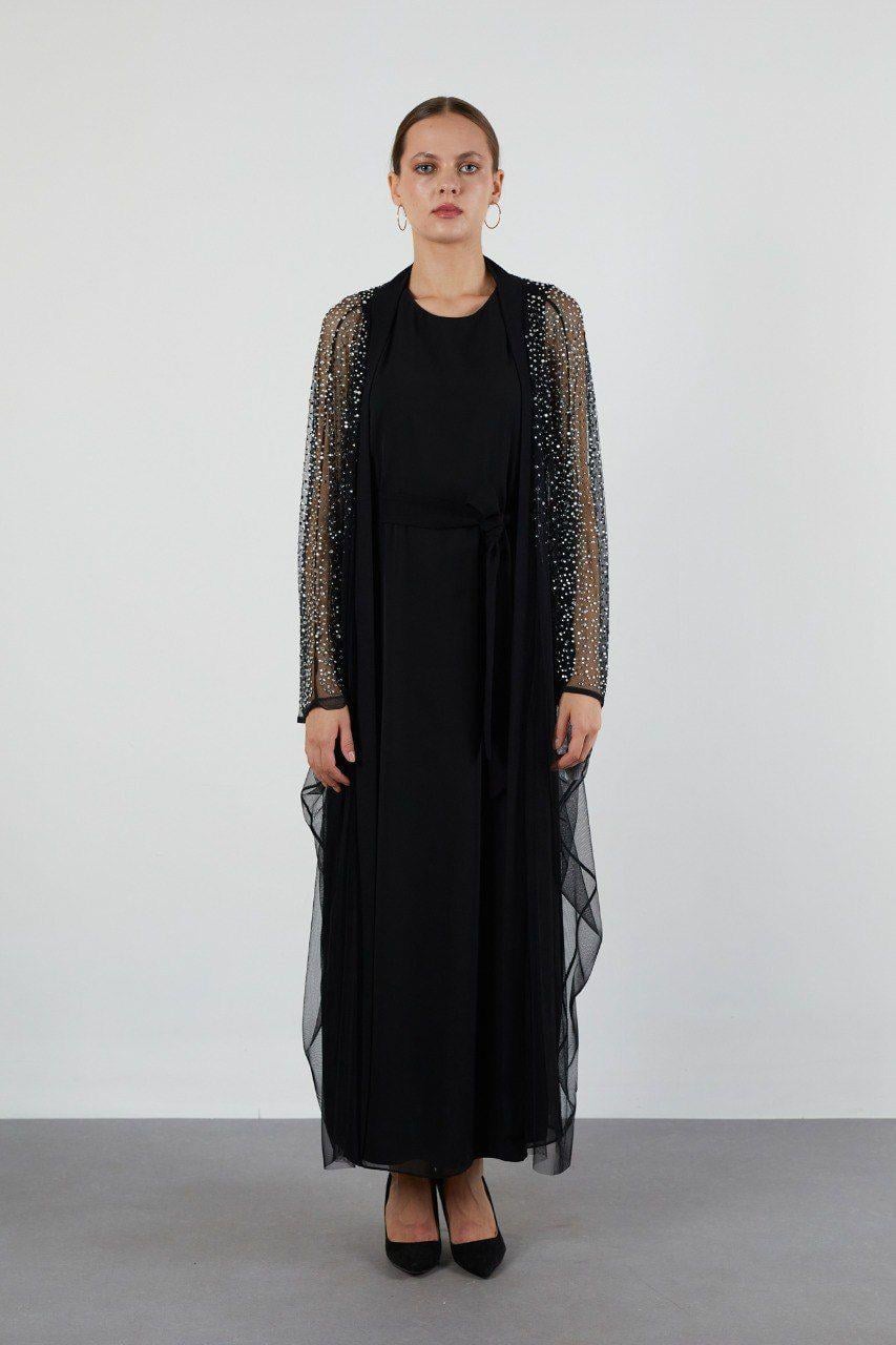 JUPE STORE Taşlı Tül Abaya 9009 - Siyah  Abiye Grubu