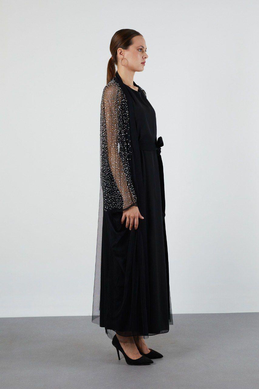 JUPE STORE Taşlı Tül Abaya 9009 - Siyah  Abiye Grubu