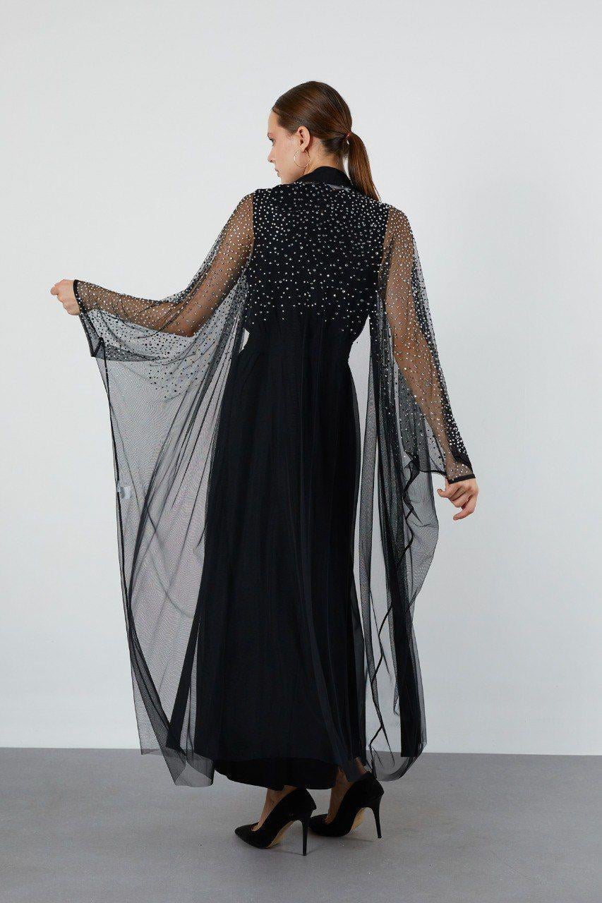 JUPE STORE Taşlı Tül Abaya 9009 - Siyah  Abiye Grubu