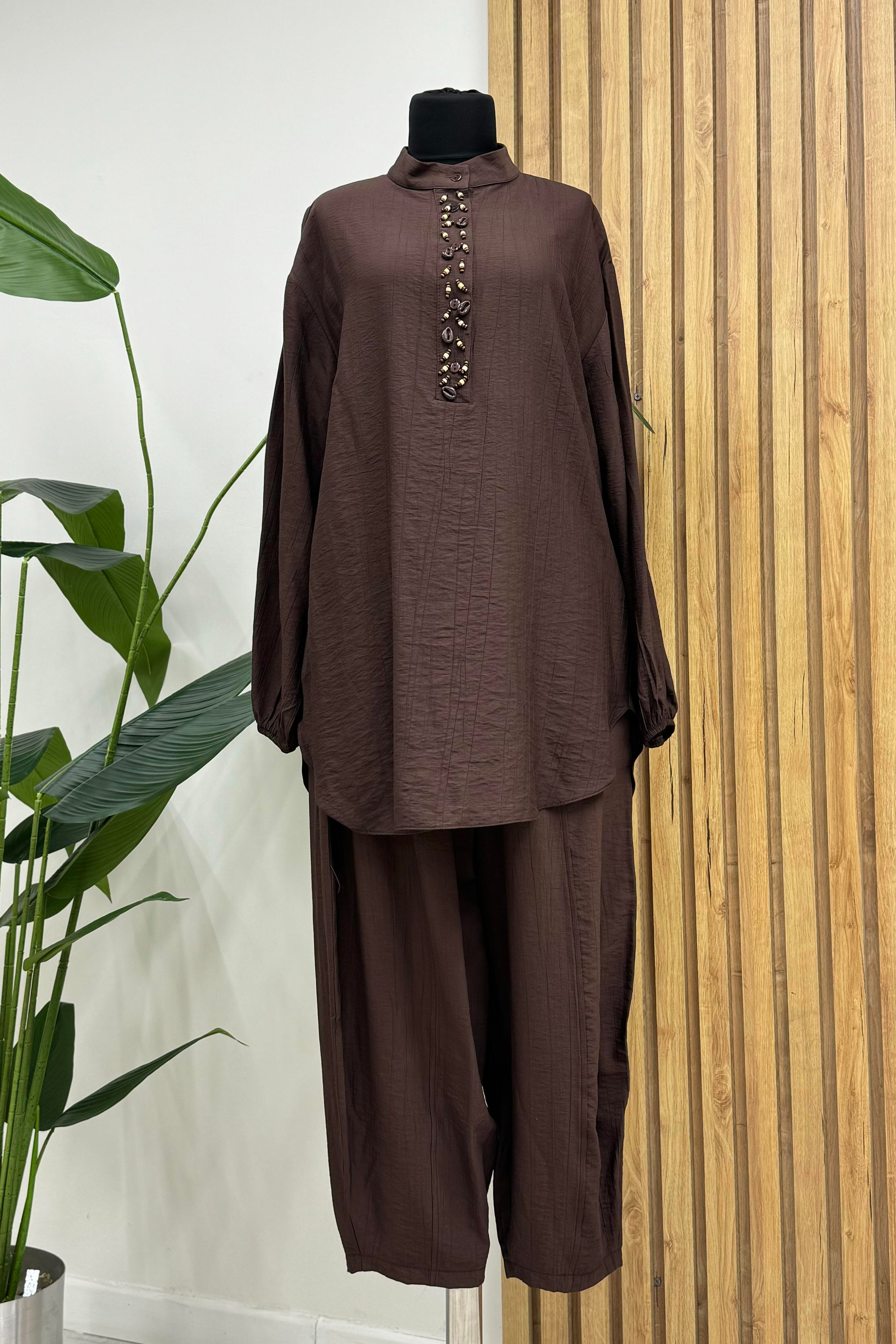 PUANE Yaka Boncuk İşlemeli Pantolonlu Takım 14230 - Browni  Takım