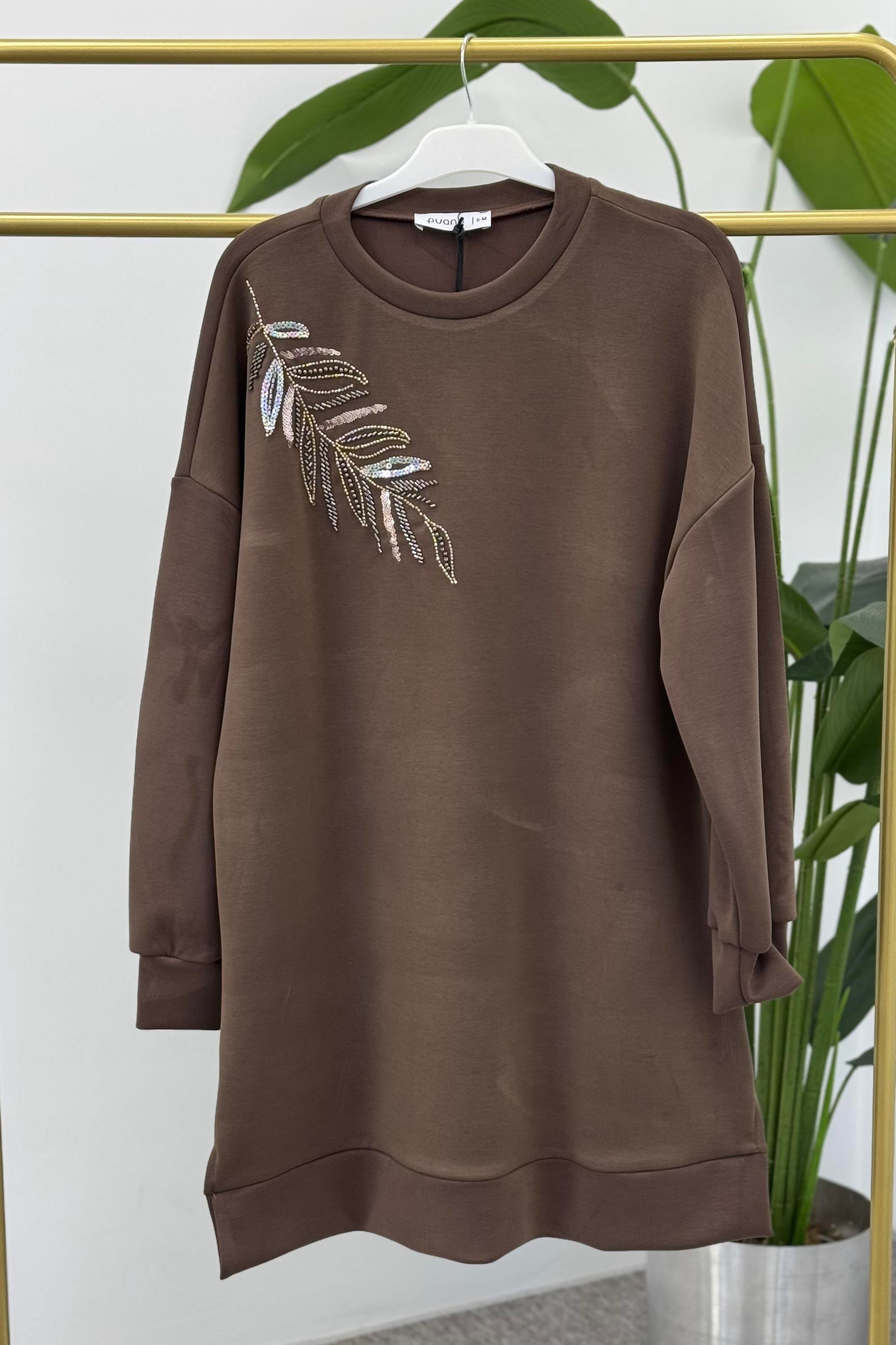PUANE Yaprak İşleme Detaylı Tunik 10629 - Browni Yaprak İşleme Detaylı Tunik 10629 - Bilen Giyim Tunik 