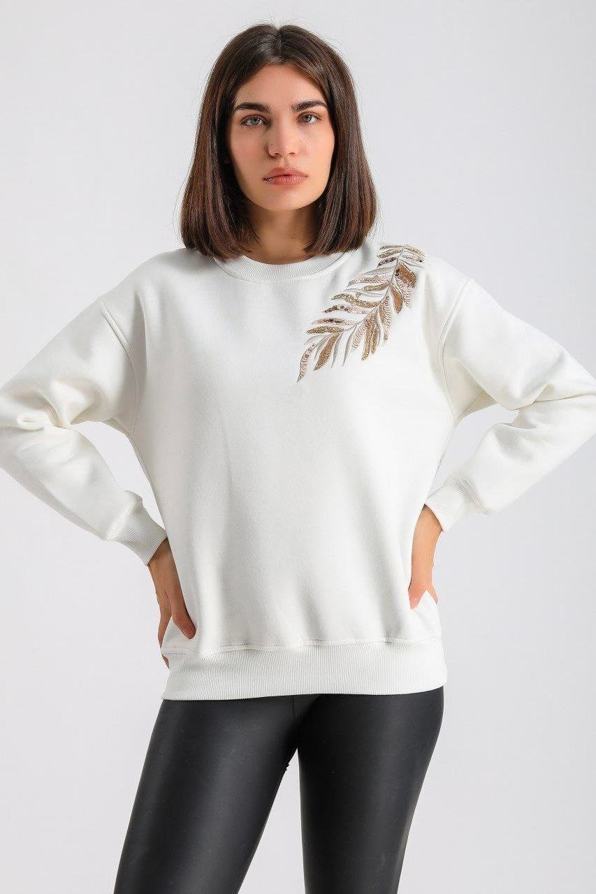OLİVİA Yaprak Nakışlı Sweat 2760 - Ekru  Sweatshirt 