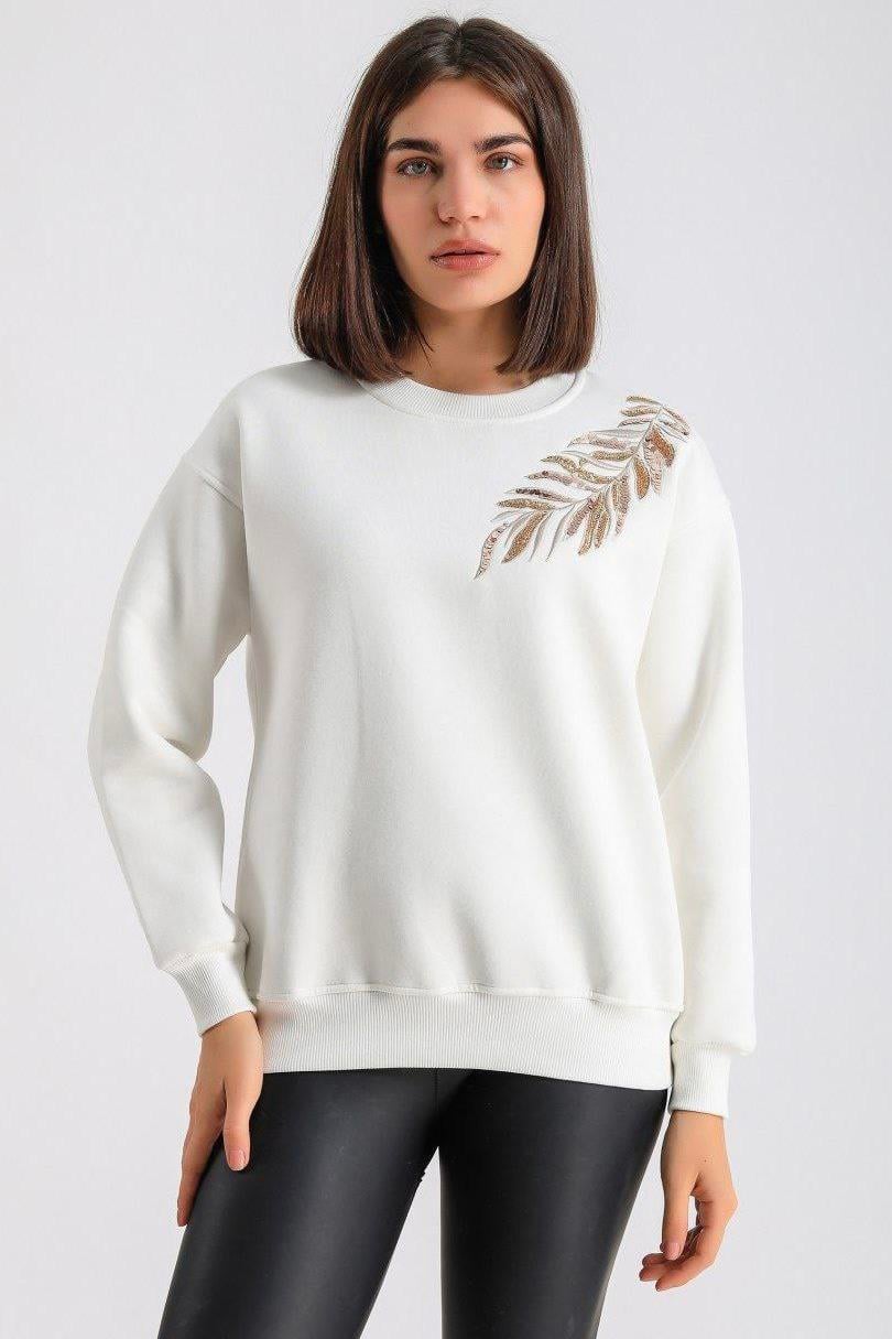 OLİVİA Yaprak Nakışlı Sweat 2760 - Ekru  Sweatshirt 