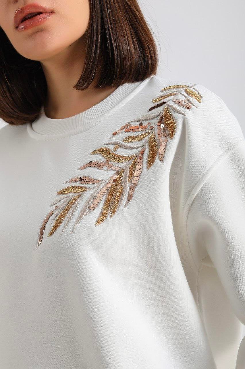 OLİVİA Yaprak Nakışlı Sweat 2760 - Ekru  Sweatshirt 