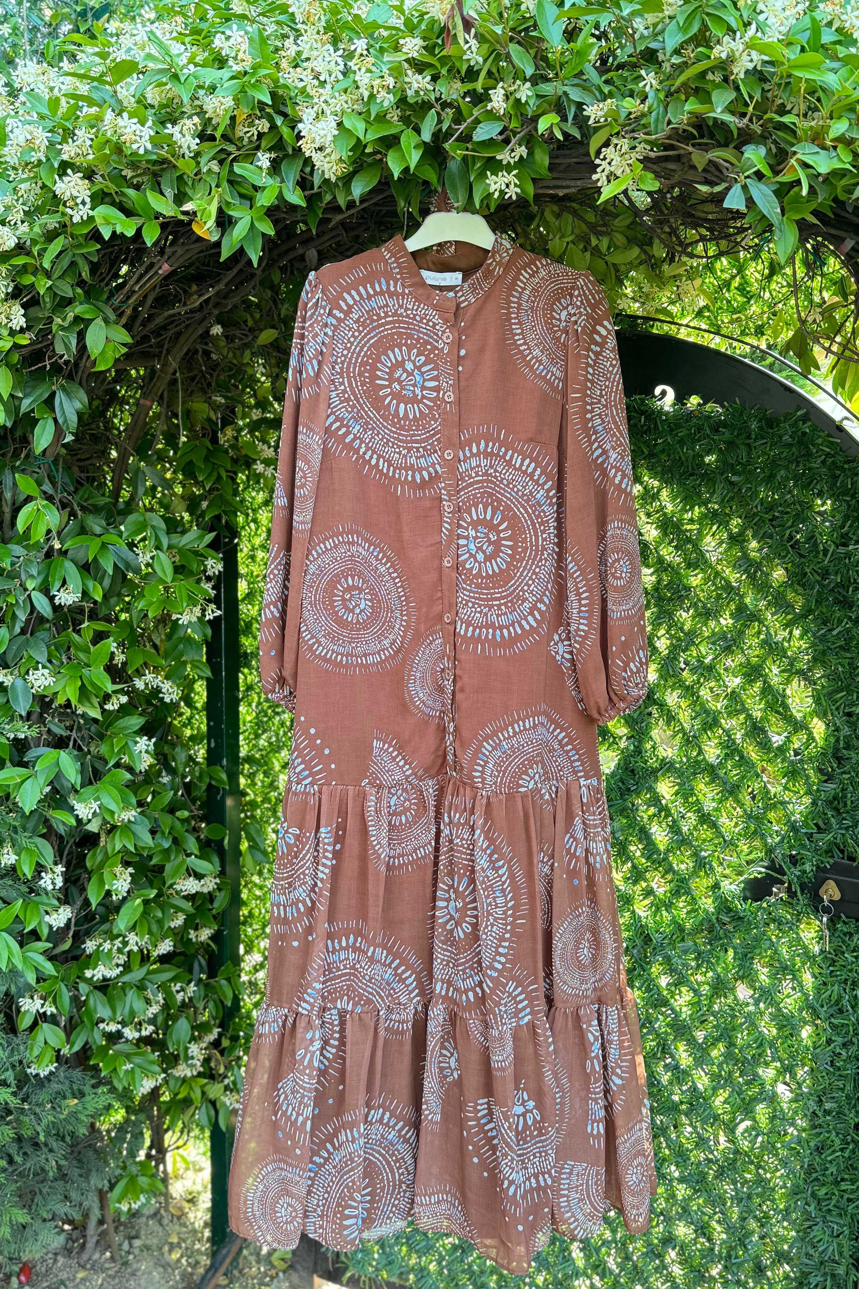 PUANE Yarım Düğmeli Baskılı Elbise 12538 - Browni  Elbise 