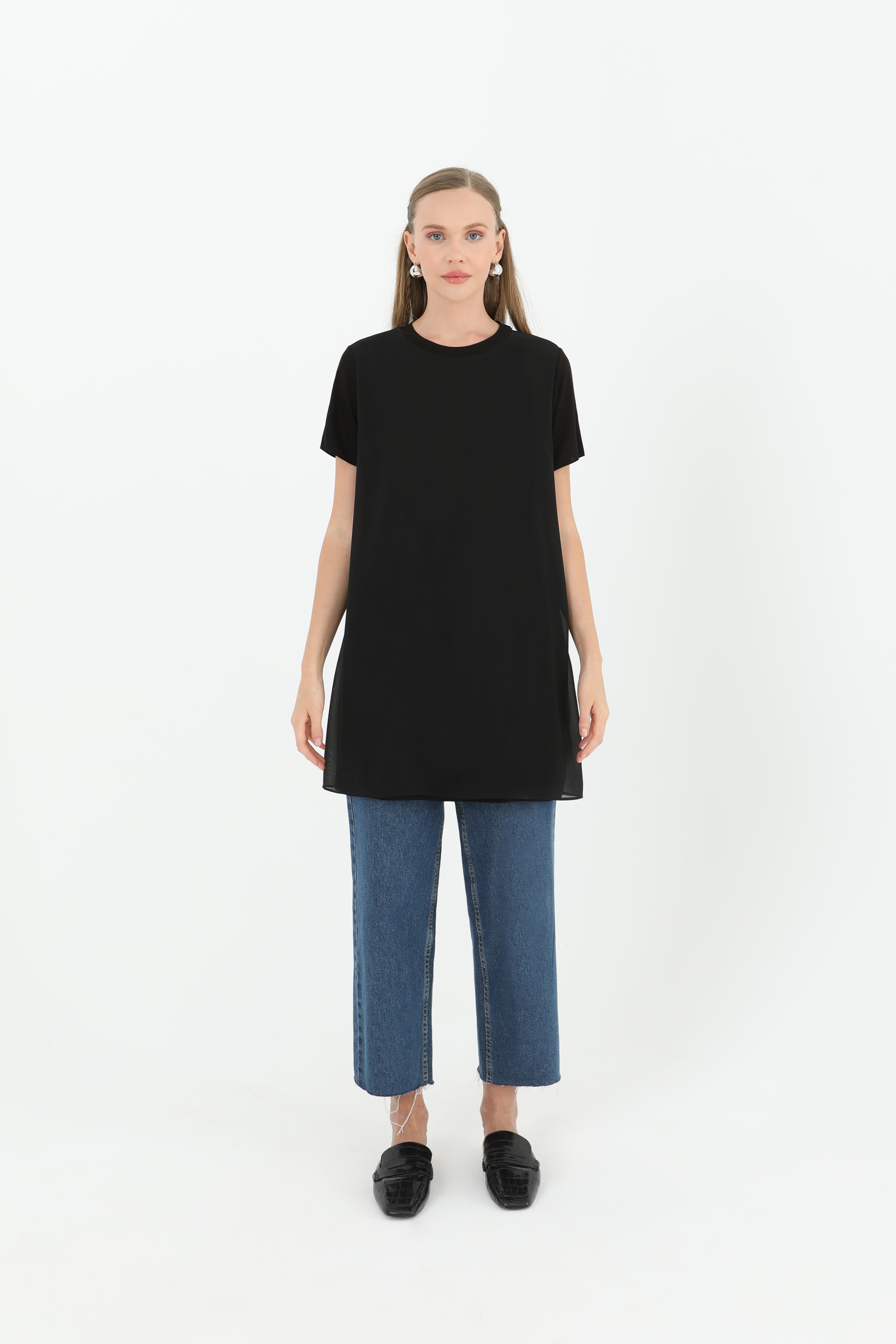 PUANE Yarım Kol Ön Şifon Detay Penye İçlik Tunik 10271 - Siyah Yarım Kol Ön Şifon Detay Penye İçlik Tunik 10271 - Siyah İçlik Bilen Giyim İçlik