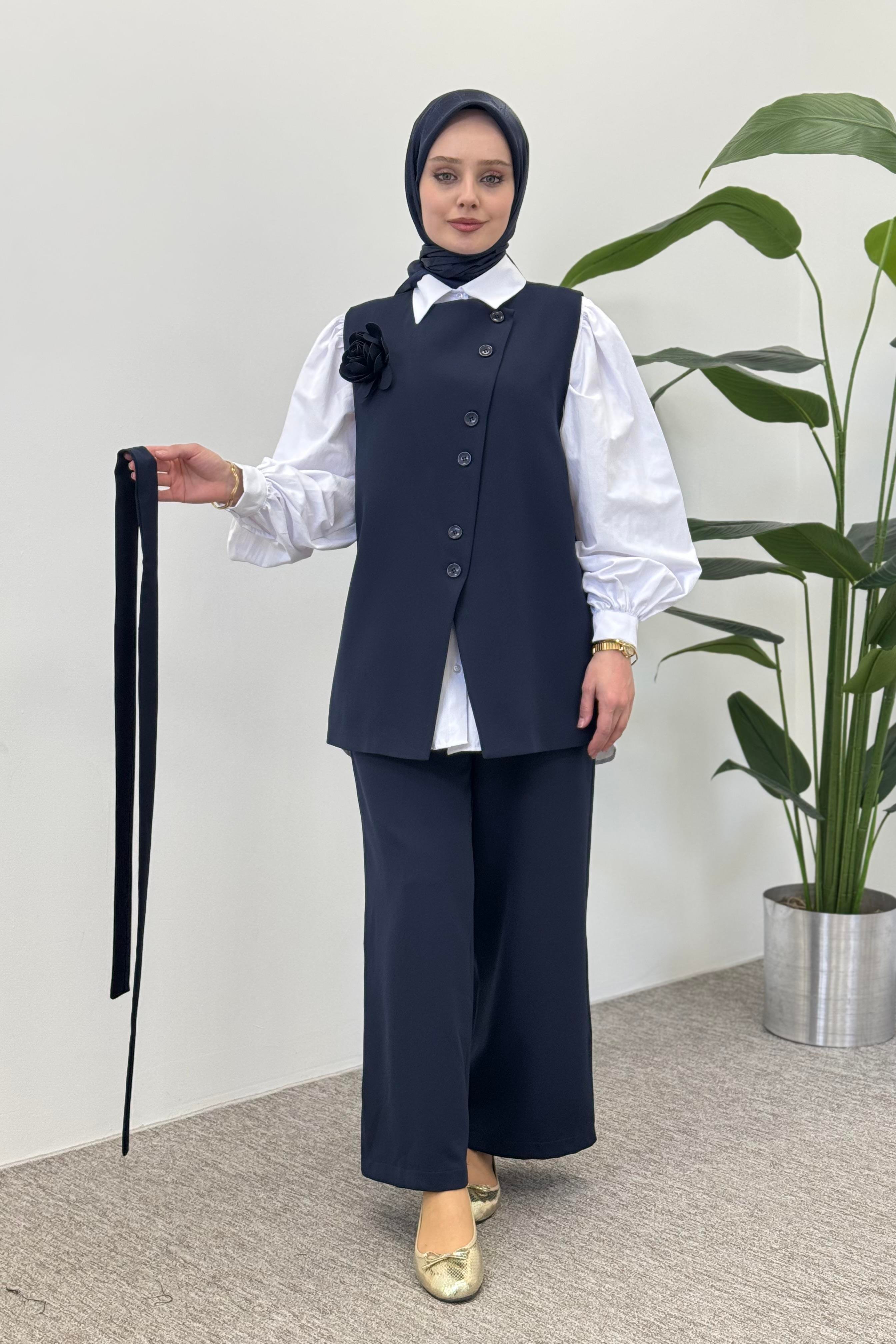 Miss Esse Yeleği Çiçek Detay Pantolonlu Takım 8079 - Lacivert  Takım 