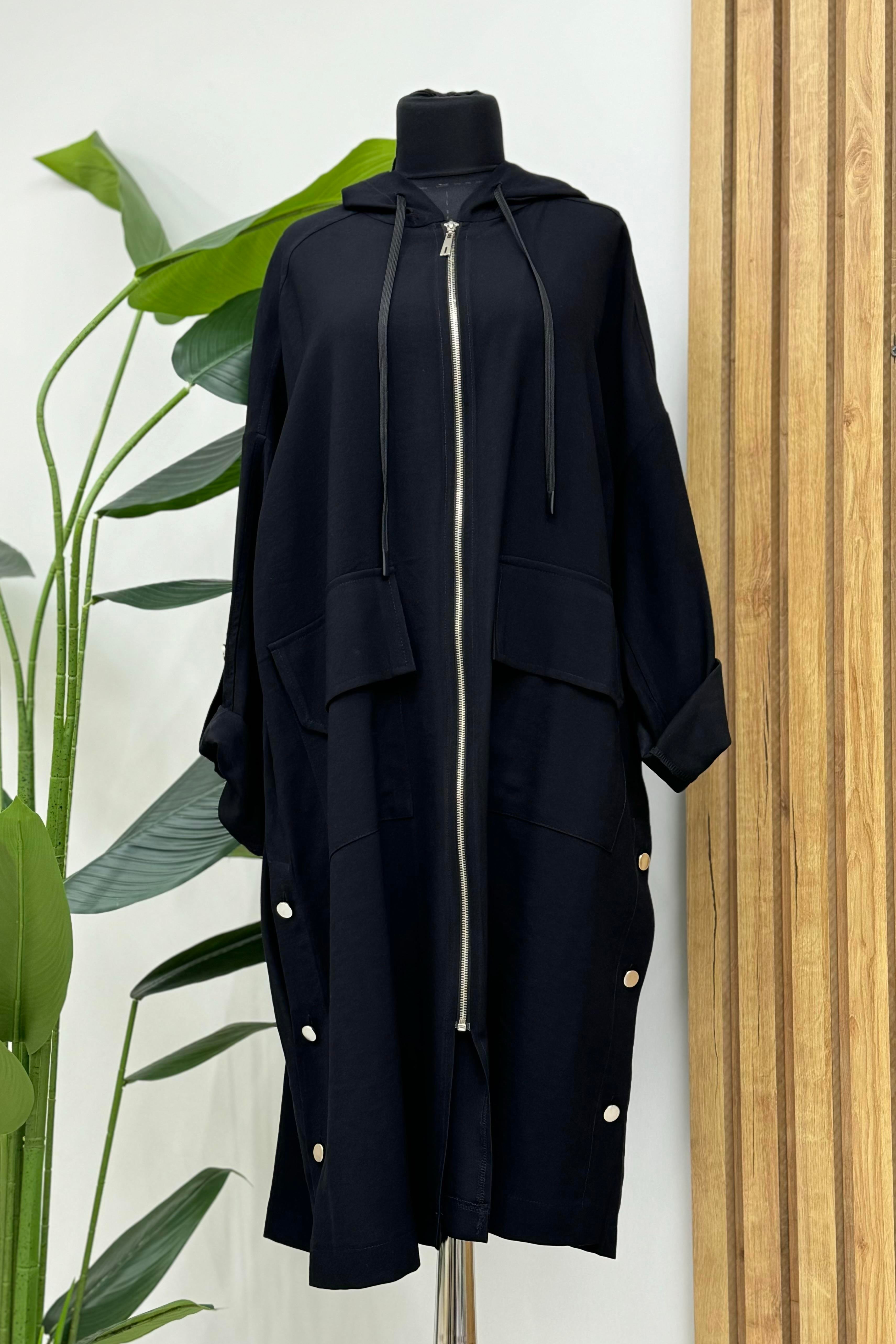 Yırtmaçlı Oversize Kap 0032488 - Siyah - Bilen Giyim