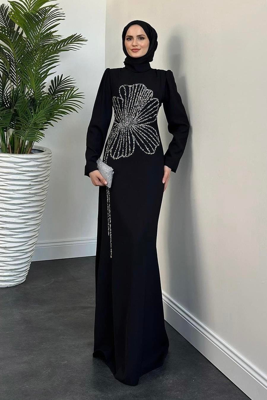 Tane Yonca Taş Baskılı Elbise 4599 - Siyah  Abiye Grubu 