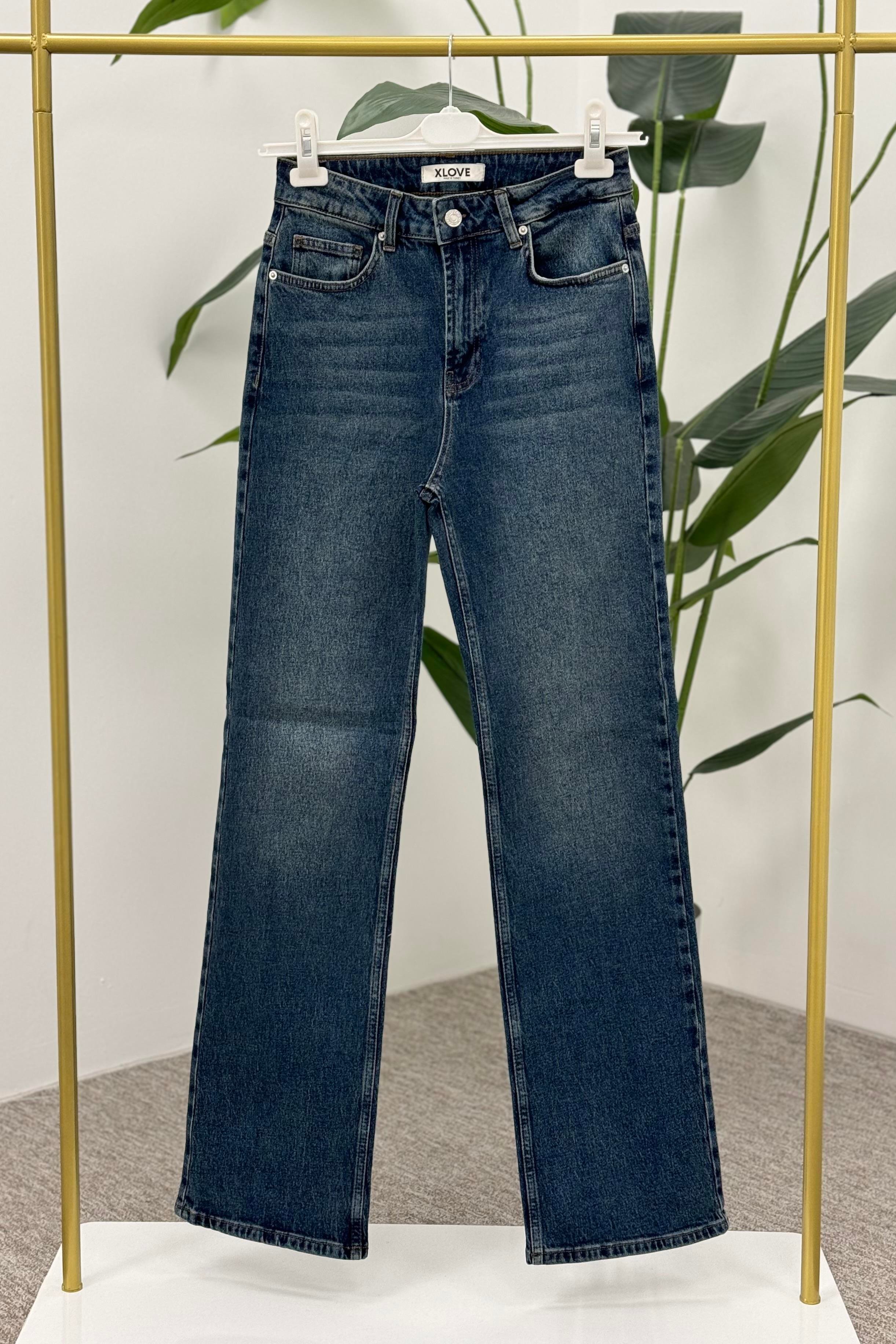 XLove Jeans Yüksek Bel Straight Pantolon 7033 - Koyu Mavi - Kar Yıkama  Pantolon 