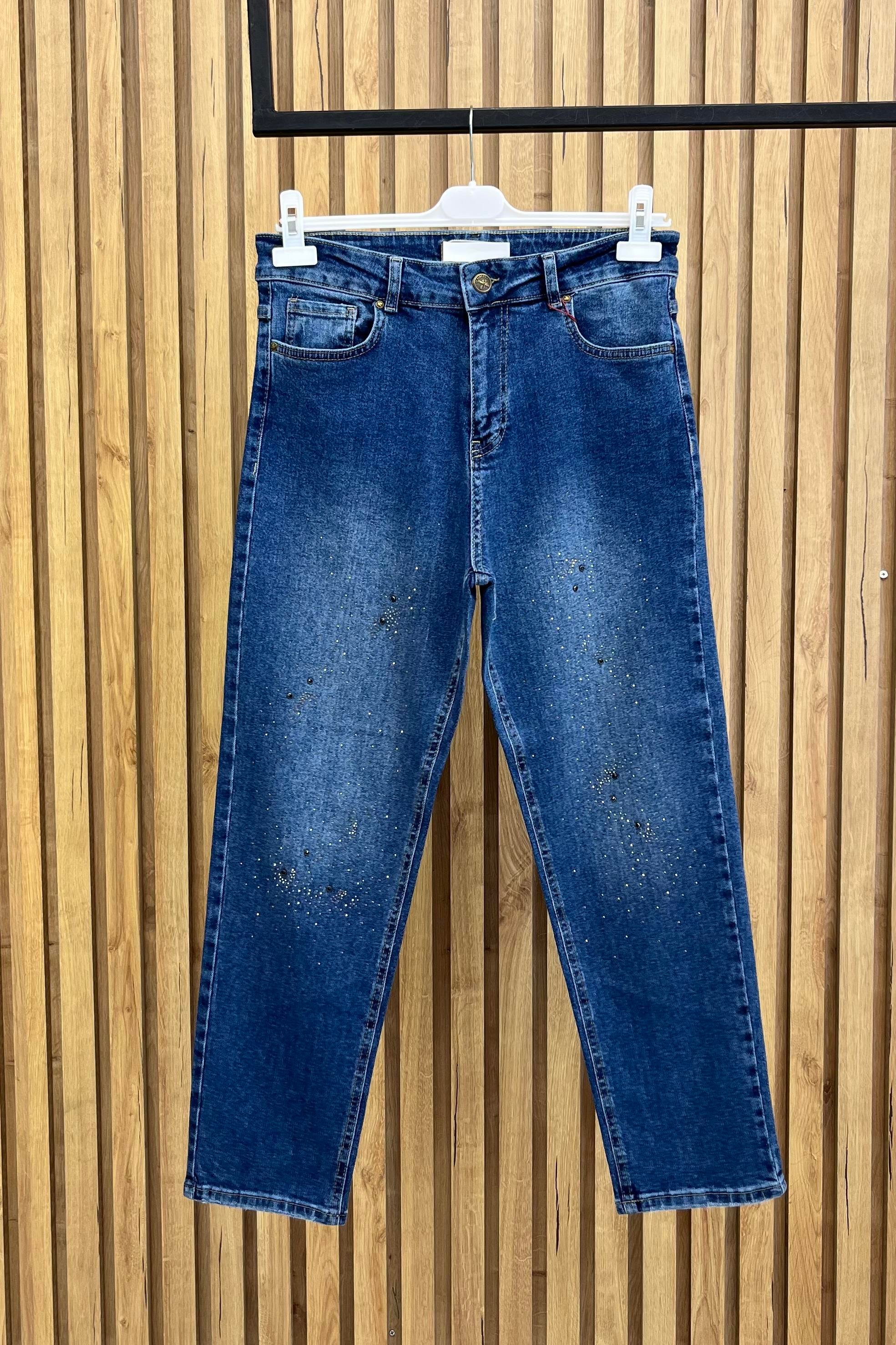 LACARTE Yüksek Bel Taş Detaylı Mom Jean 0291 - Mavi  Pantolon