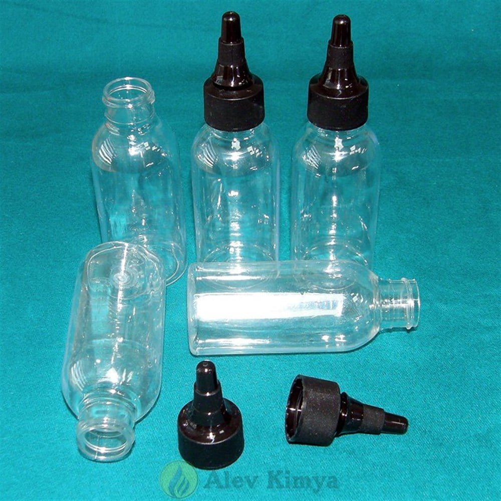 100 ml Şeffaf, Asansör Kapaklı, Kapak Ucundan Damlalıklı, İnce Ağızlı, Sıkılabilir PET Şişe