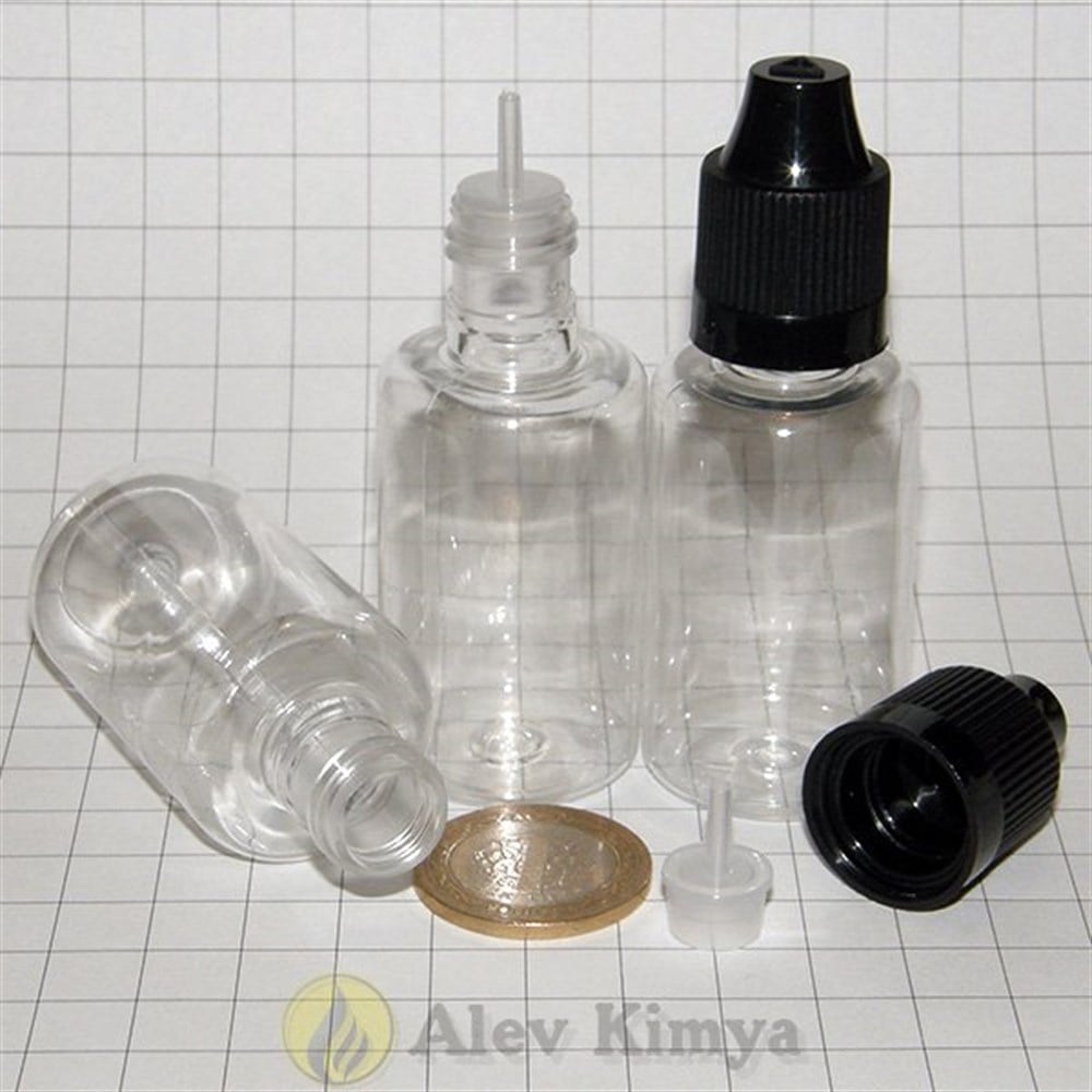 30 ml Şeffaf, İnce Damlalıklı, Bastır Çevir Kapaklı Tombul Şişe