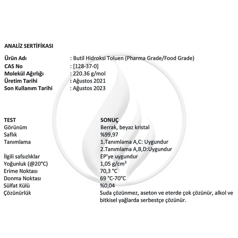 Alev KimyaButil Hidroksi Toluen (BHT) Pharma Grade / Food Grade [128-37-0]AKBHTPG