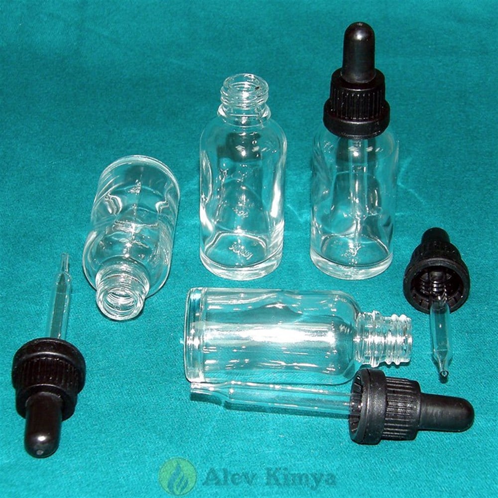 İnce Uçlu Cam Pipetli, Siyah Puarlı, Kilitli Kapaklı 30ml Şeffaf Cam Şişe
