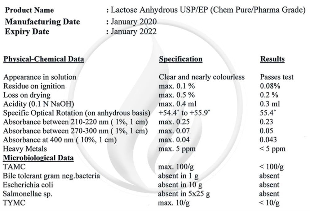 Alev KimyaLaktoz (Susuz) Lactose Anhydrous USP/EP Pharma Grade [63-42-3]AKLKT-01CP