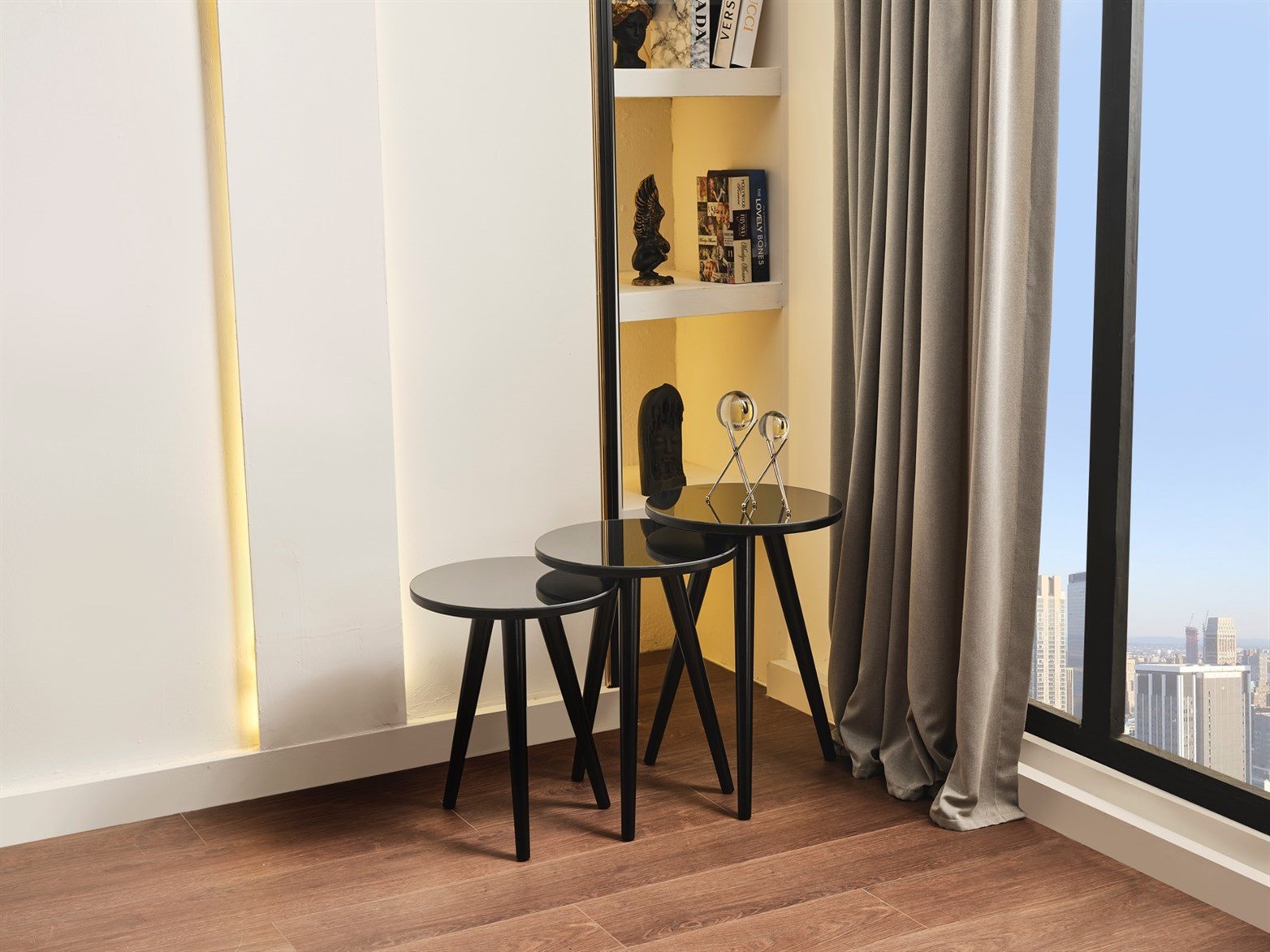 Aynalı Siyah Zigon Sehpa