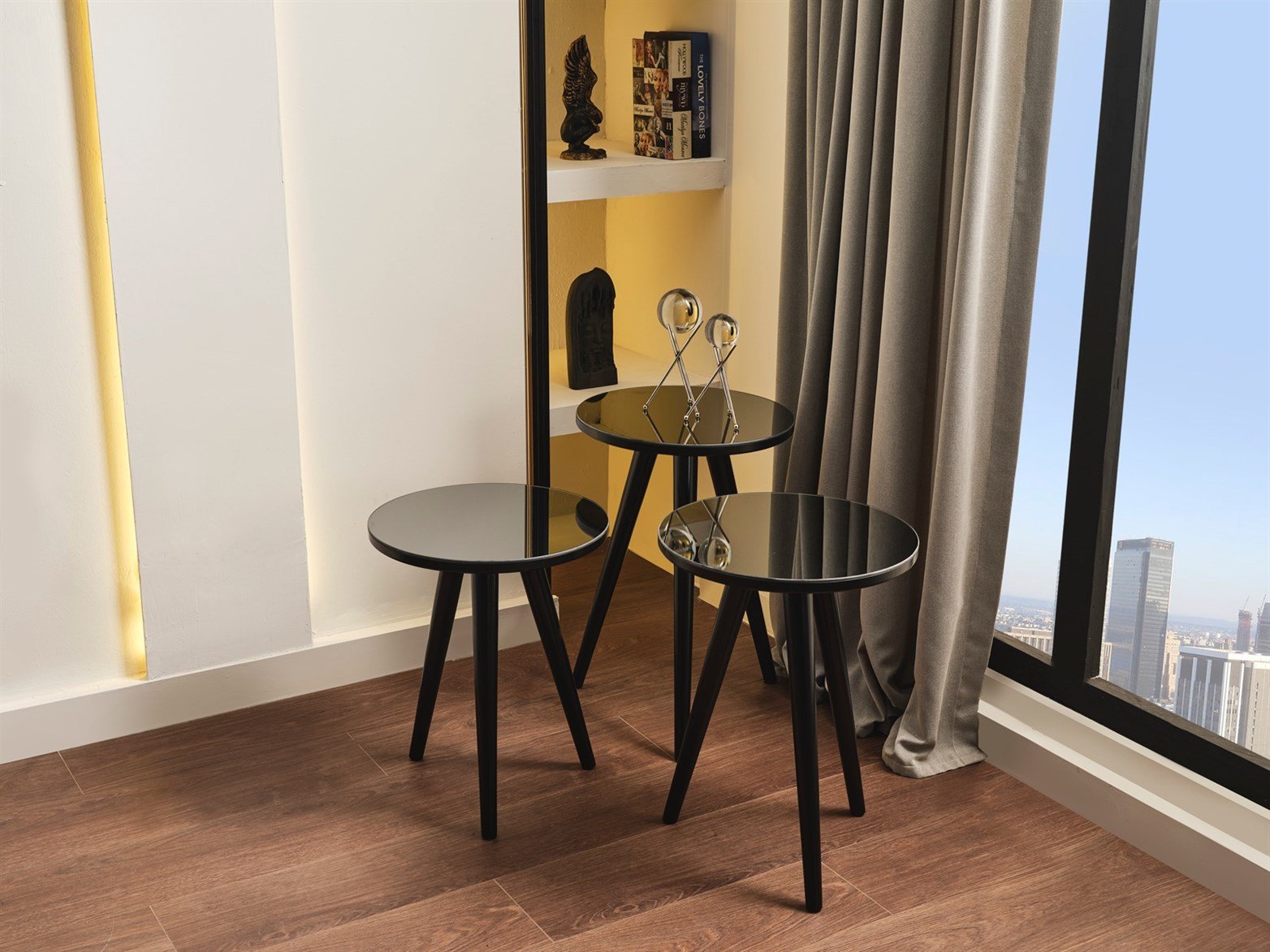 Aynalı Siyah Zigon Sehpa