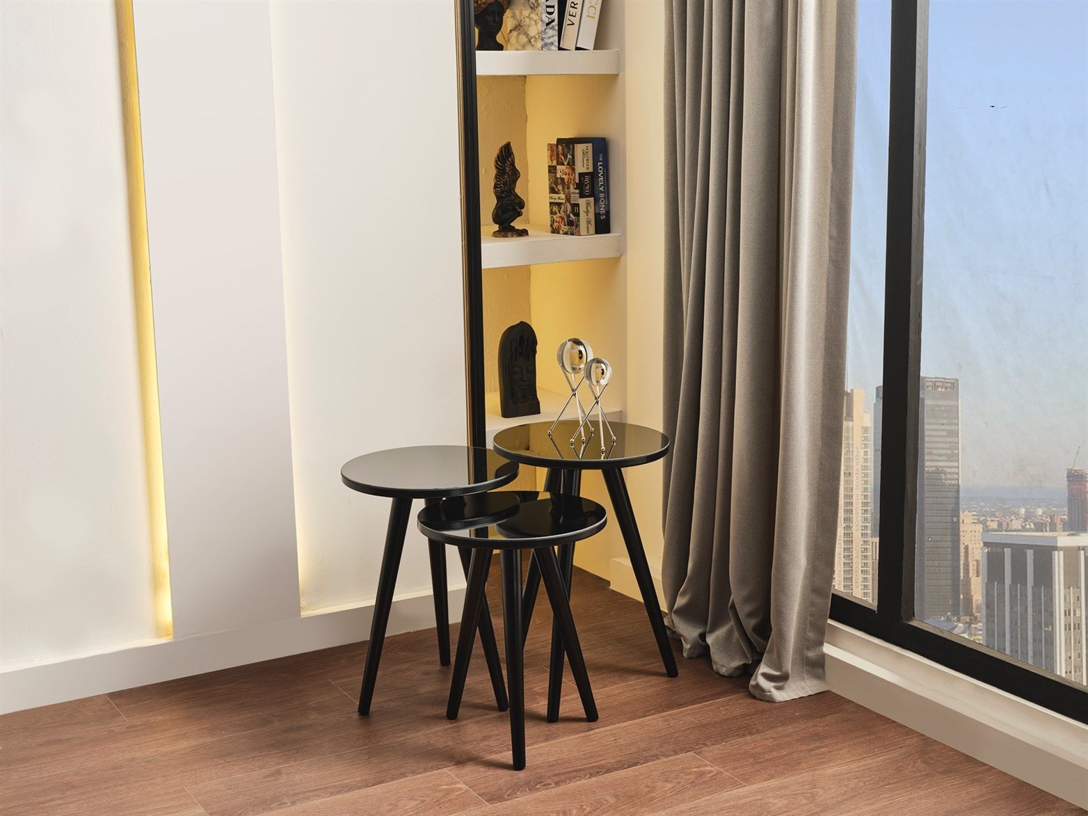 Aynalı Siyah Zigon Sehpa